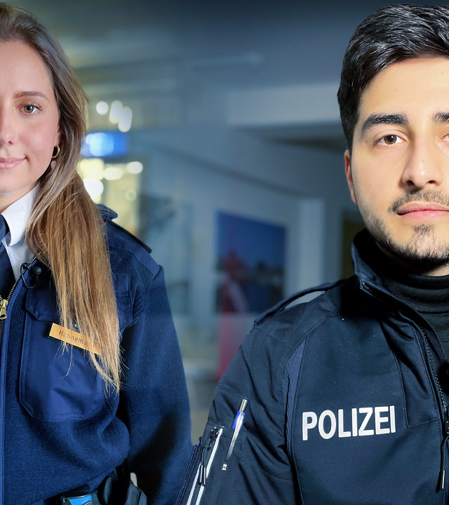 "37°Leben: Im Dienste des Staates": Polizeianwärter*in Freda Hannemann und Sammy in Polizeiuniform.