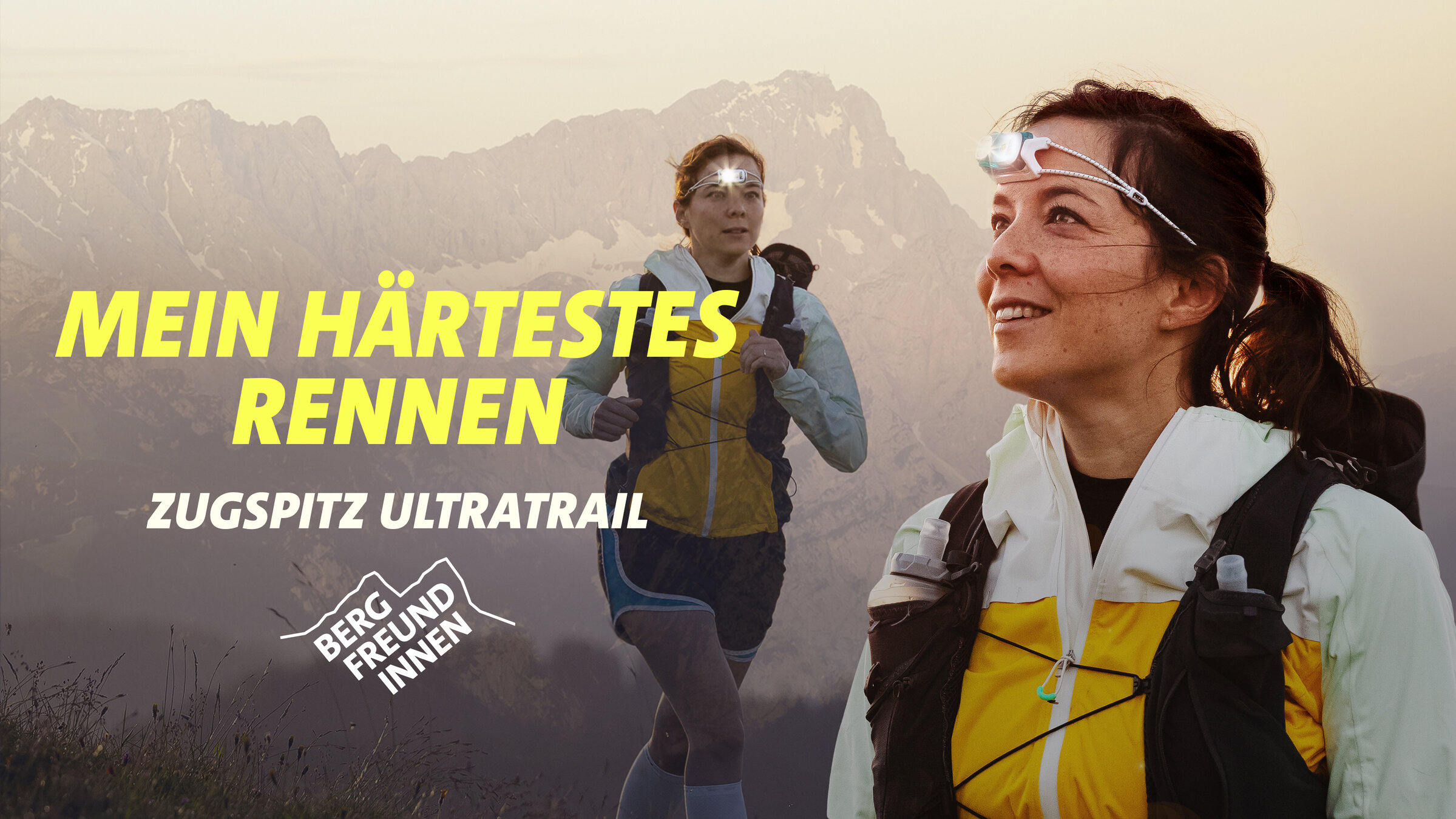 "Bergfreundinnen - Mein härtestes Rennen": Key Visual/Cover Sendereihenbild mit Typo zu "Mein härtestes Rennen - Zugspitz Ultratrail".