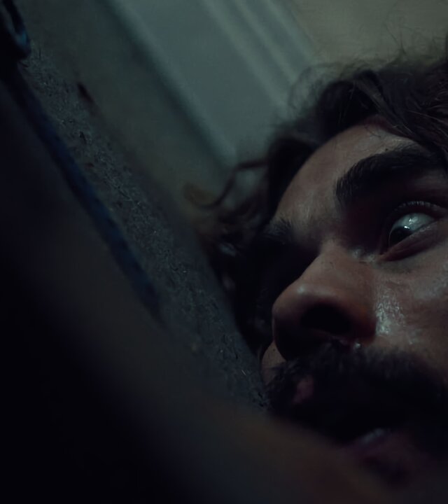 "Moresnet - The Book of Death: Rien ne va plus": Nahaufnahme: Ben Schotz (Boris Van Severen) liegt mit angst- und schmerzerfülltem Blick auf dem Teppichboden eines Zimmers.