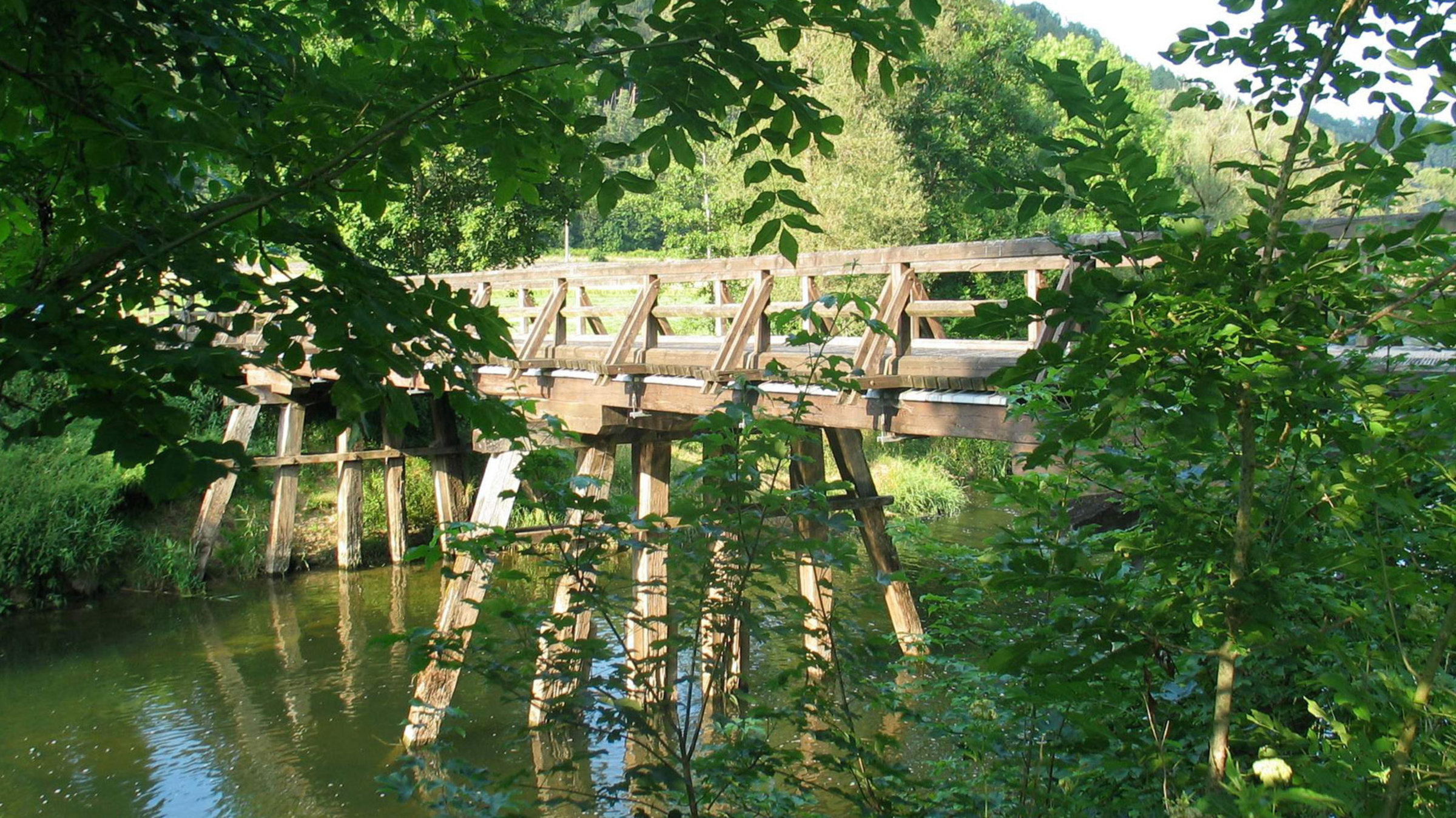 "Romantische Flüsse: Der Neckar": 800 Jahre alte Pfahlbrücke am Oberlauf des Neckars.
