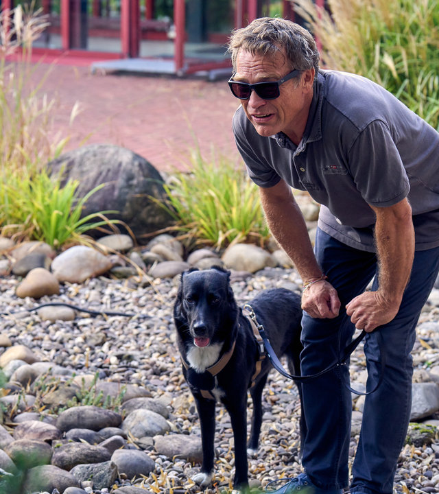 "SOKO Köln - Vor die Hunde": In einem Vorgarten aus Steinen und Kies steht Matti Wagner (Pierre Besson) mit Sonnenbrille gebückt zwischen Sträuchern. Neben ihm an der Leine hält er einen schwarzen Hund.