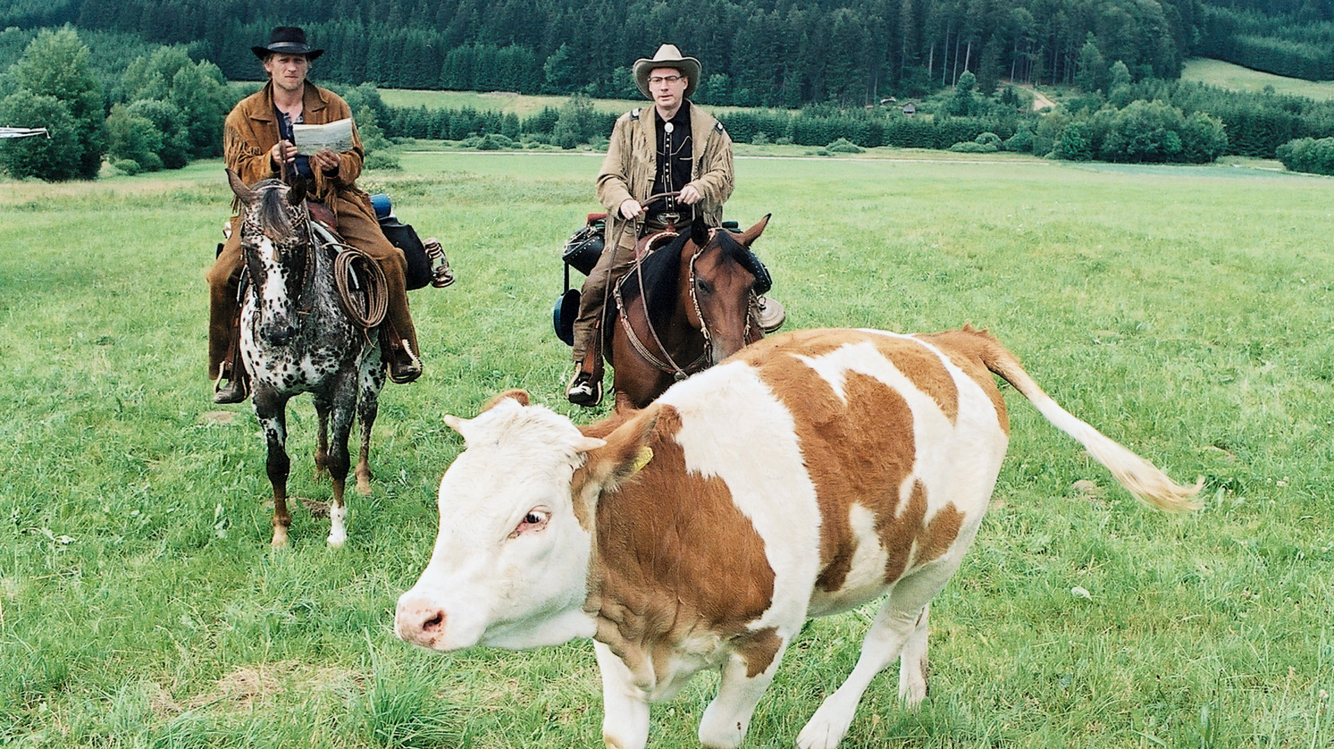 "Forsthaus Falkenau - Herzenwunsch": Harry (Michael Fitz) und Kurt (André Pohl) sitzen in Cowboy-Kleidung auf Pferden. Sie stehen auf einer Wiese, im Hintergrund sieht man den Wald. Vor Ihnen läuft ein braun-weiß geschecktes Kalb.