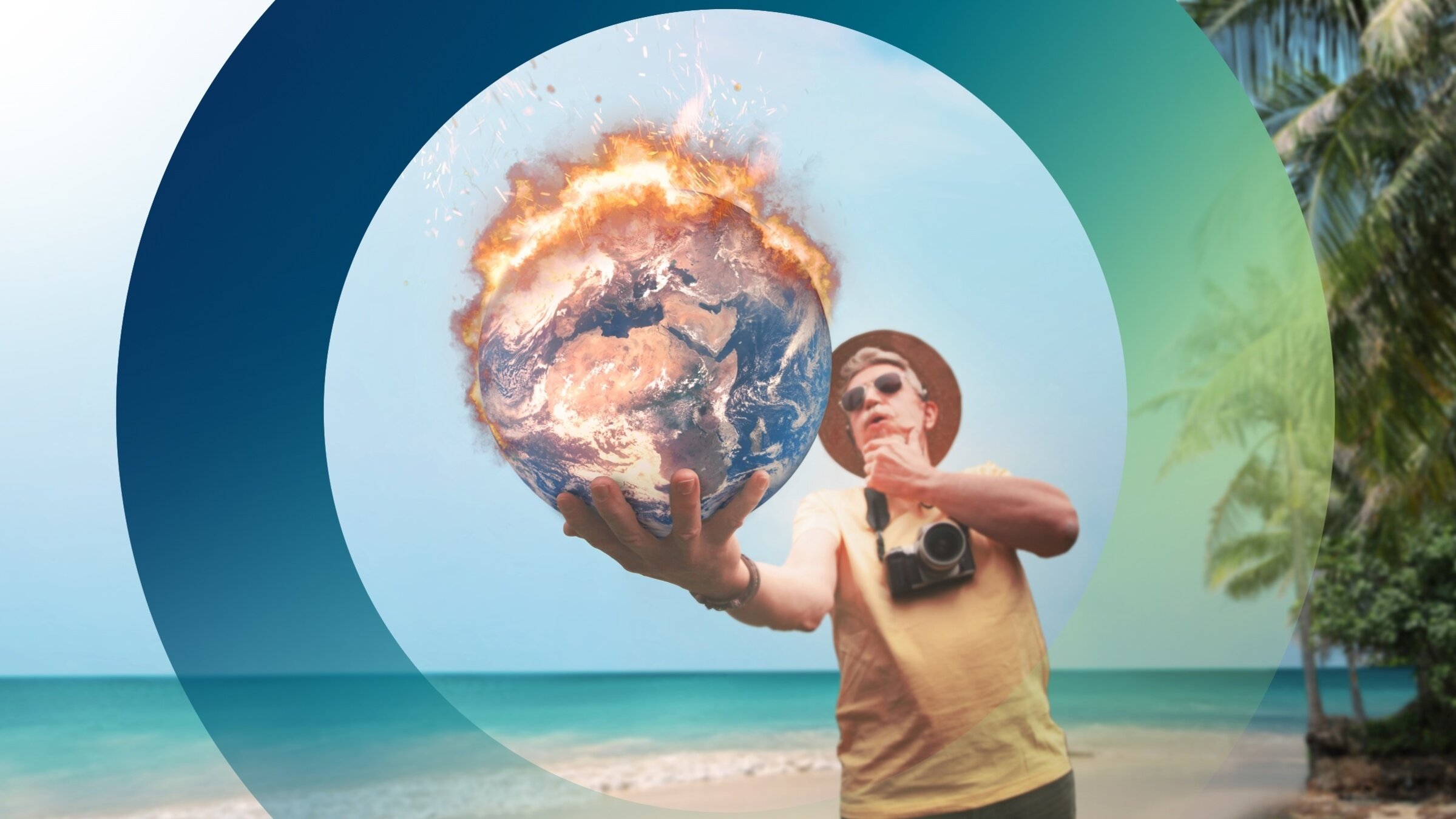 "planet e.: Reiselust - Klimafrust - Tourismus in Zeiten des Klimawandels": Symbolisch für die möglichen Folgen des Tourismus hält ein Tourist eine brennende Weltkugel in ausgestreckter Hand.