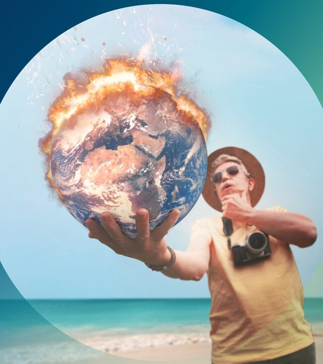 "planet e.: Reiselust - Klimafrust - Tourismus in Zeiten des Klimawandels": Symbolisch für die möglichen Folgen des Tourismus hält ein Tourist eine brennende Weltkugel in ausgestreckter Hand.