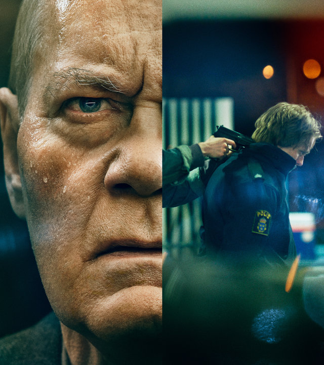 "Kommissar Beck - Sackgasse": Montage. Nahaufnahme von Martin Becks (Peter Haber) linker Gesichtshälfte, der besorgt dreinblickt, daneben kniet ein gefesselt und geknebelter Vilhelm Beck (Valter Skarsgård), dem zusätzlich eine Pistole an den Hinterkopf gehalten wird.
