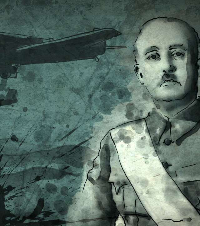 "ZDF-History: Franco - Spaniens ewiger Diktator": Porträtzeichnung von Franco mit Bombern im Hintergrund.