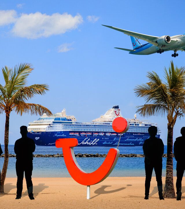 "TUI: Die Insider": Montage: Vier Personen stehen als schwarze Silhouetten an einem Strand neben Palmen. Zwischen ihnen ist ein großes, rotes TUI-Logo abgebildet. Hinter ihnen im Meer liegt Passagierschiff mit der Aufschrift  "Mein Schiff", darüber fliegt ein Flugzeug mit der Aufschrift "TUI".