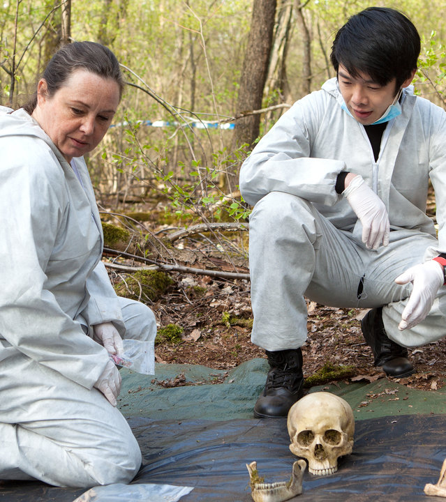 "SOKO Potsdam - Vom Himmel gefallen": Die Spurensicher*Innen Jutta Specht (Gabriele Völsch) und Thomas Brandner (Yung Ngo) knien im Wald auf einer Plane, auf der sich Bruchteile eines Skeletts befinden.