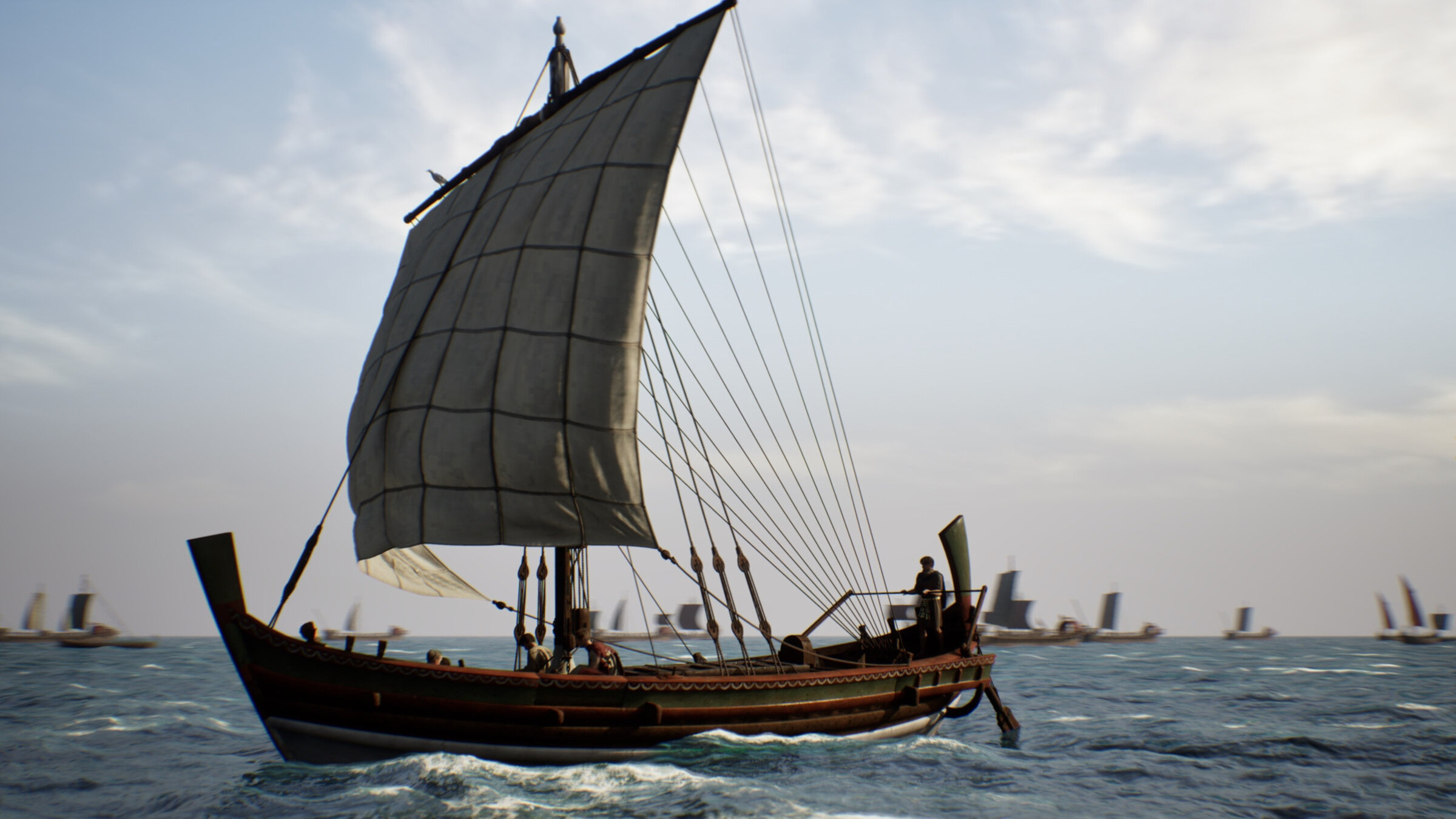 "Terra X: Die Flotte der Cäsaren": Computeranimation: Ein römischer Frachtsegler fährt über das Meer. Im Hintergrund sind weitere Schiffe unterwegs.