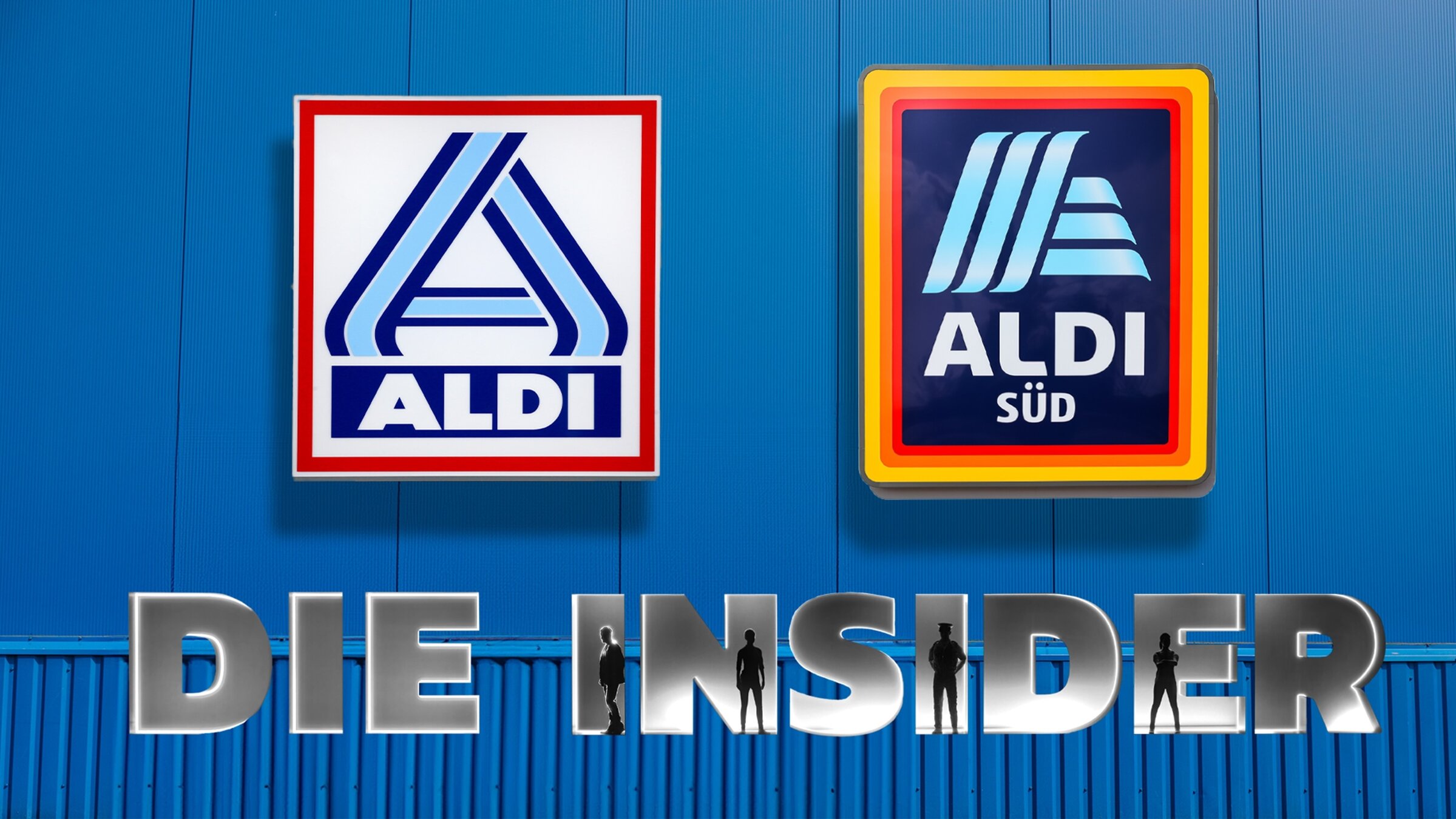 "ALDI: Die Insider - Tricks hinter den Kulissen": Fotomontage: Die Logos der Discounter ALDI Nord und ALDI SÜD liegen nebeneinander auf einer blauen Fassade. Unter den Logos ist die Titelgrafik "Die Insider" zu sehen.