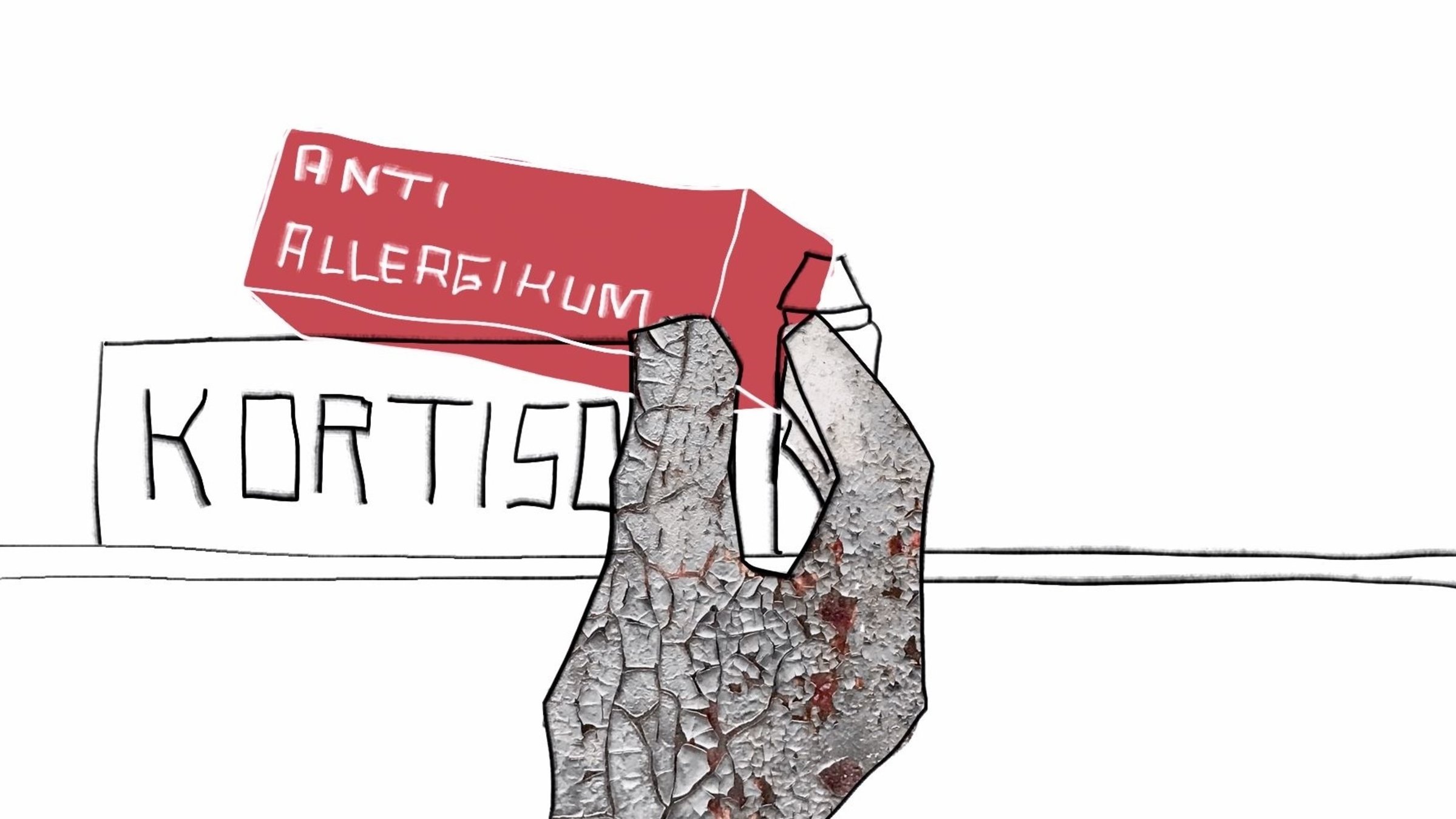 "Trübes Wasser": Zeichnung einer Hand, die nach einer Medikamentenpackung mit der Aufschrift „Anti-Allergikum“ greift.