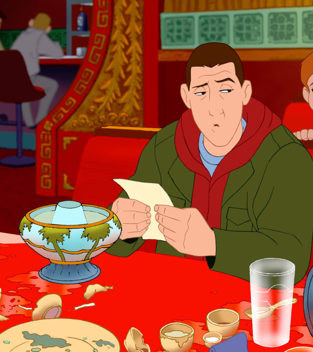 "Adam Sandlers acht verrückte Nächte": Animation: Davey sitzt niedergeschlagen in einem asiatischen Restaurant an einem verwüsteten Esstisch und hält ein Stück Papier in seinen Händen, während hinter ihm ein kleiner Junge ihn beobachtet.