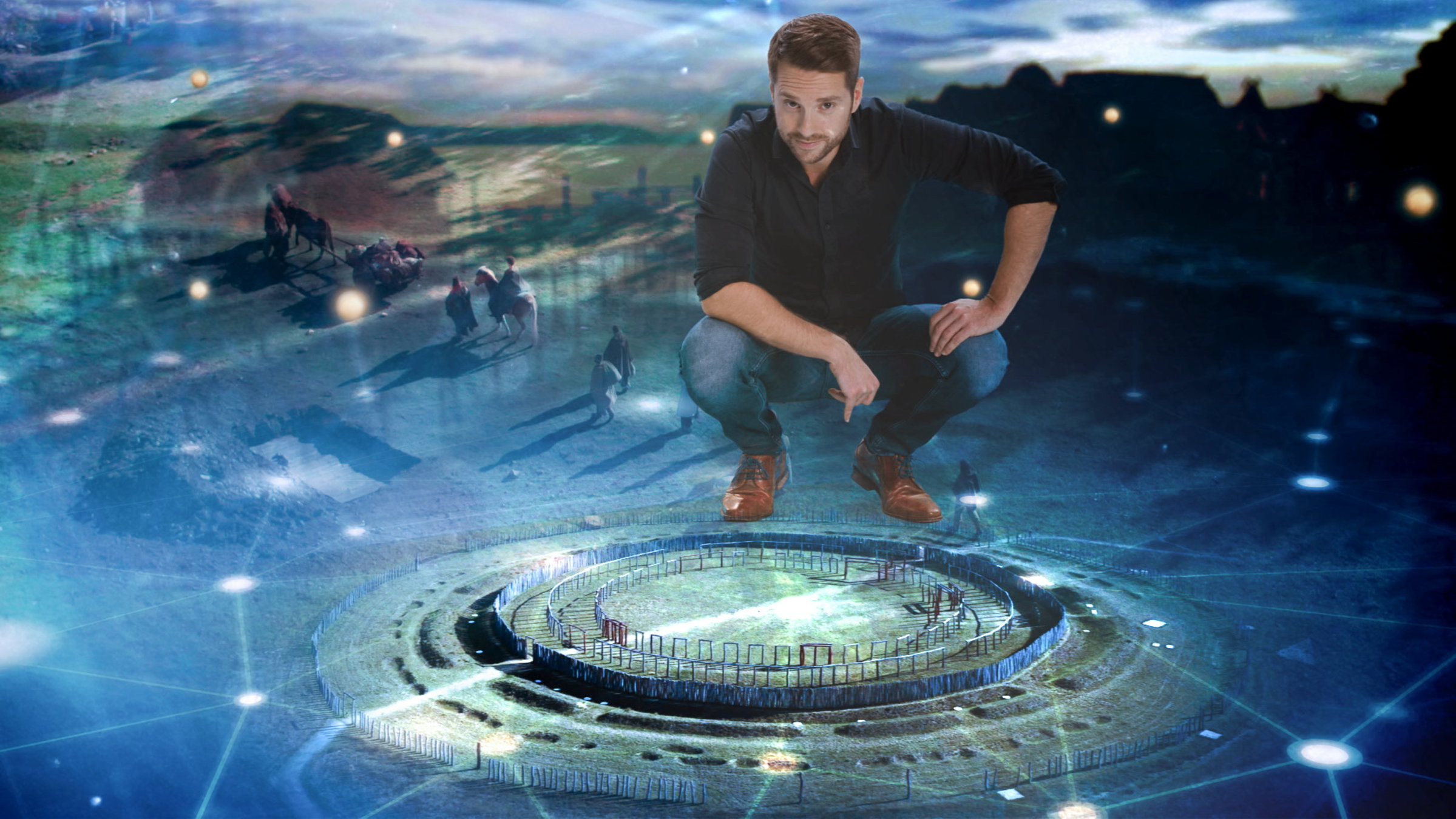 "Terra X: Deutschland in ... Der Frühen Bronzezeit": Fotocollage. Moderator Mirko Drotschmann in der Hocke. Unter ihm szenische Bilder der frühen Bronzezeit.