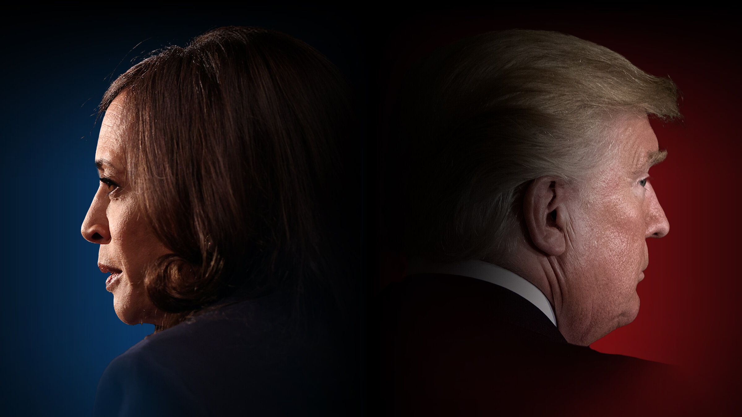 "Harris gegen Trump - Amerika hat die Wahl": Montage: Die Köpfe der Vizepräsidentin Kamala Harris und von Donald Trump liegen nebeneinander. Sie blicken jeweils in die entgegengesetzte Richtung. In der Mitte werden beide durch eine schwarze Fläche geteilt.