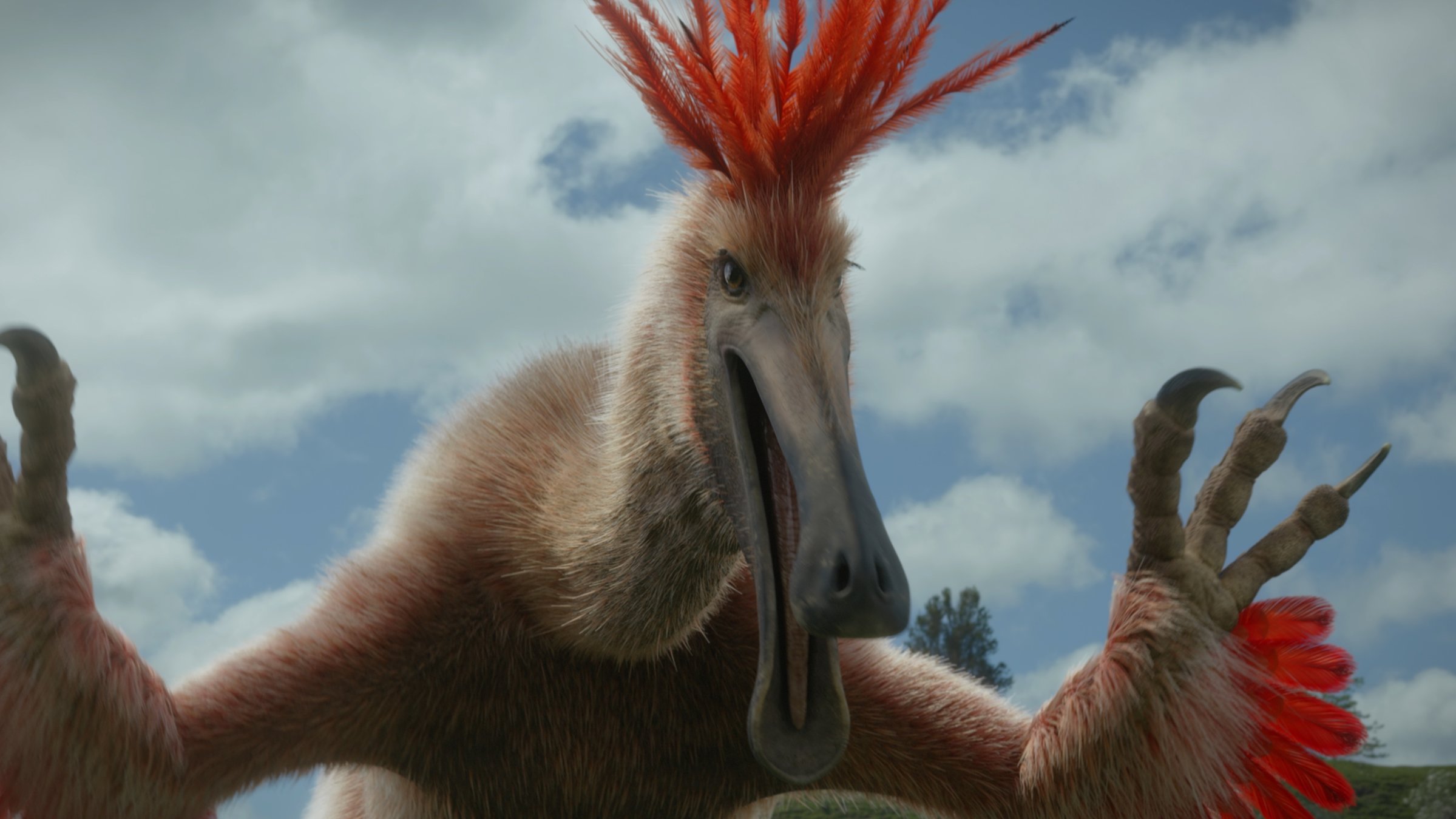 "wissen aktuell: Die Welt der Saurier": Deinocheirus stellt die Federn auf und versucht seine Angreifer einzuschüchtern. Die Federn der Dinosaurier dienten, wie bei heutigen Vögeln wohl auch, der visuellen Kommunikation.