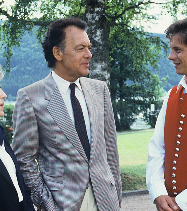 "Die Schwarzwaldklinik - Der Versager (1)":  Käti (Karin Hardt) und Prof. Brinkmann (Klausjürgen Wussow) unterhalten sich in einem Park mit Mischa (Jochen Schroeder).