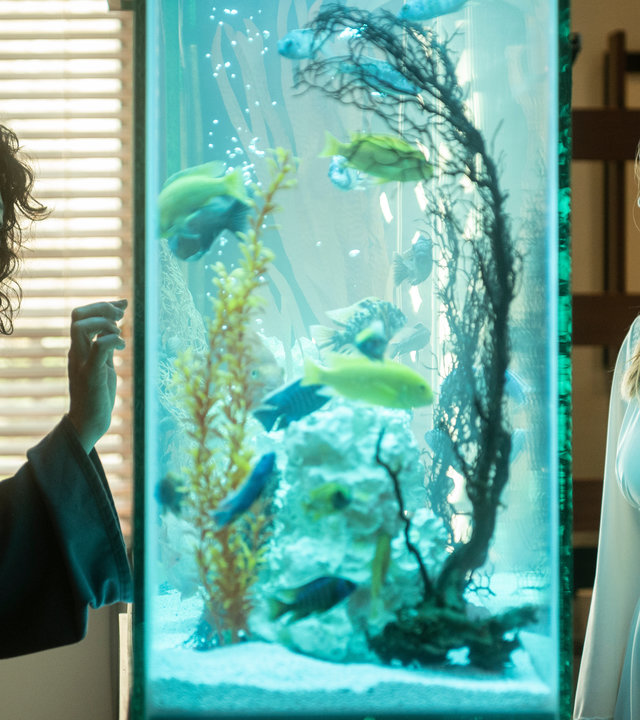 "Killing Eve - Tauch mich einfach ein": Villanelle (Jodie Comer) und Eve (Sandra Oh) stehen sich in einem Raum gegenüber. Die beiden trennt ein Aquarium, das beide fasziniert betrachten.