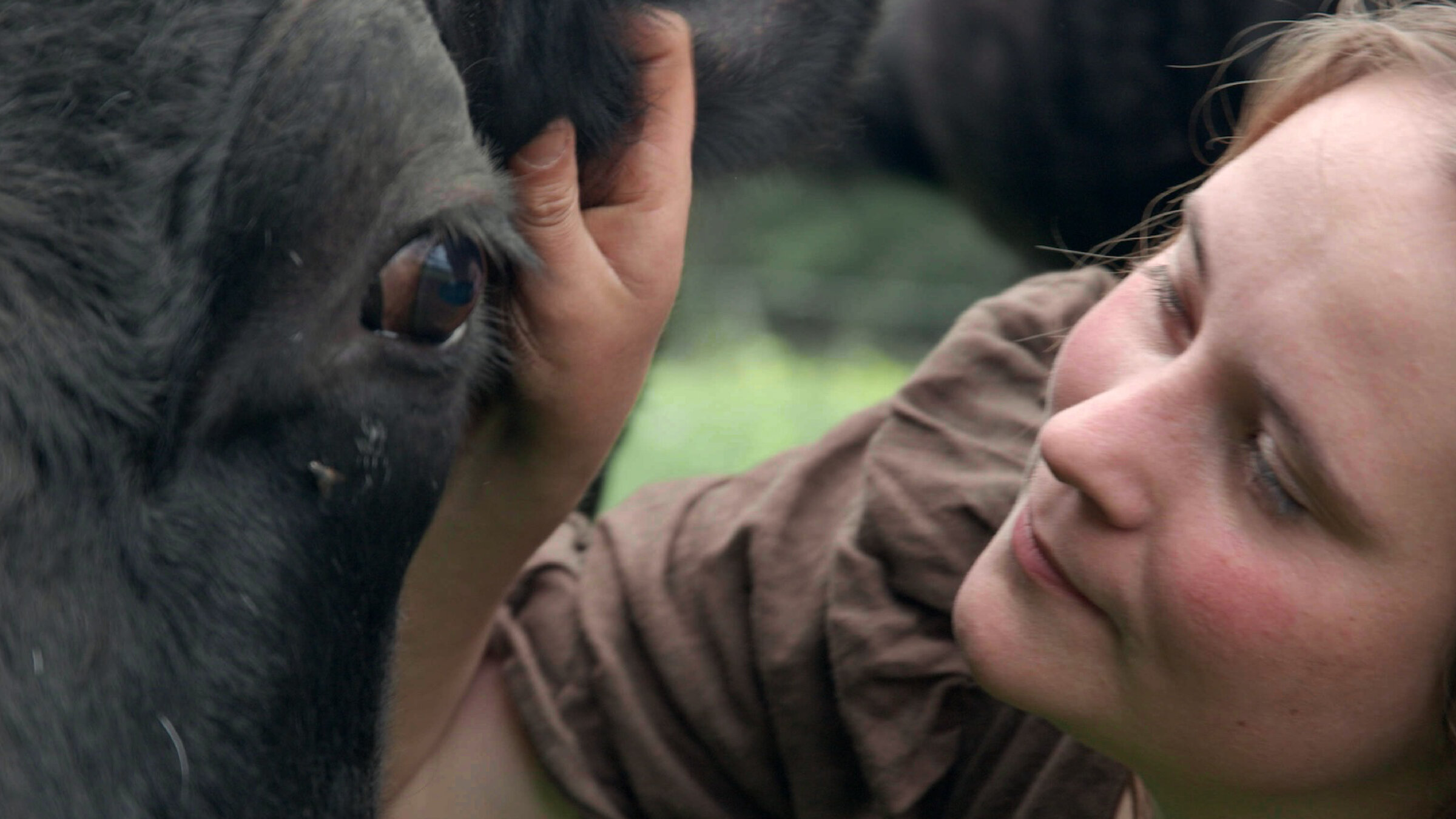 "DocuMe - Rosina. Ein Leben mit Tieren": Nahaufnahme einer jungen Frau, die einer Kuh das Ohr streichelt.