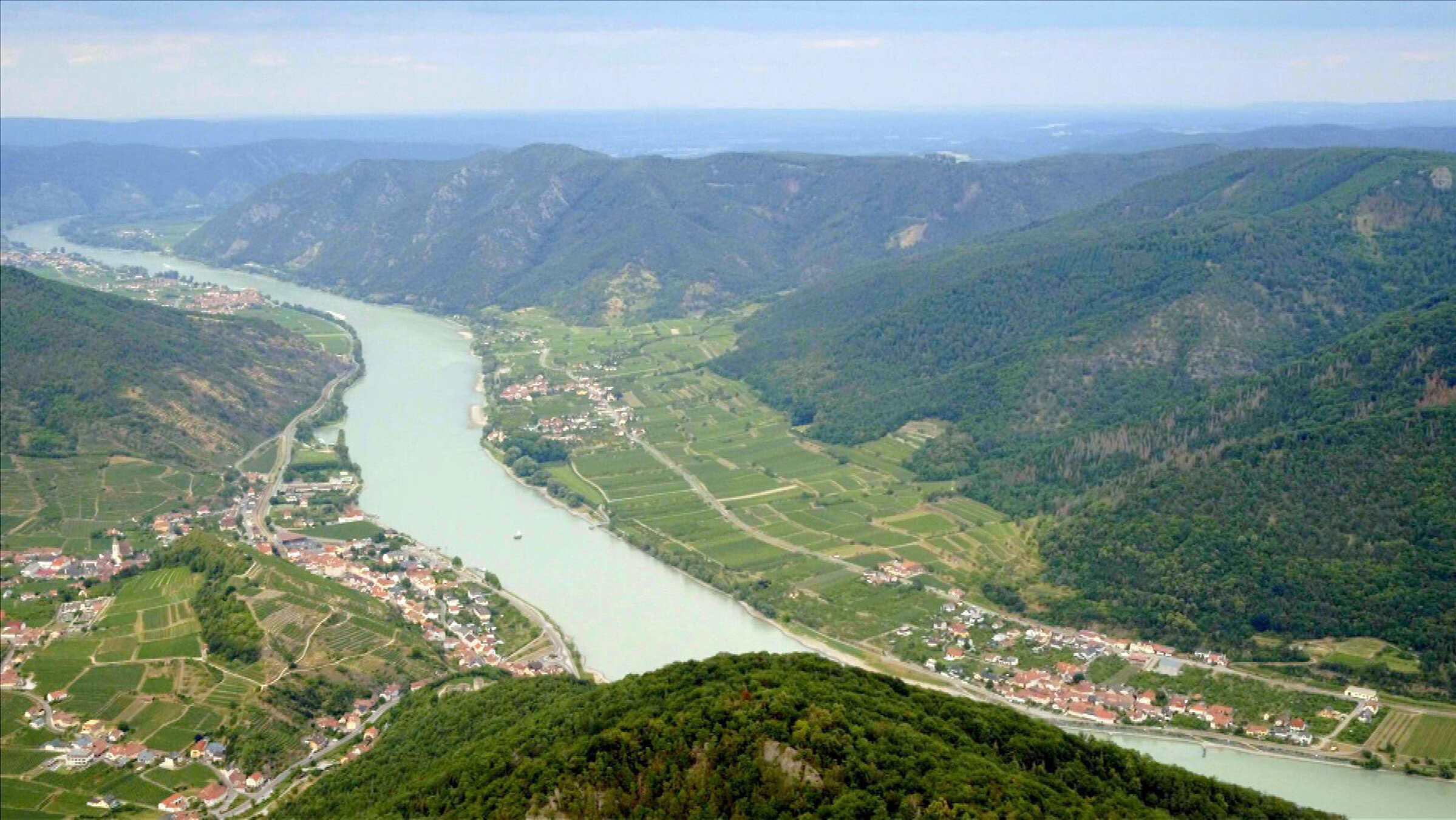 "Wachau - Reise entlang einer Kulturlandschaft": Drohnenflug vom Jauerling in Richtung Spitz.
