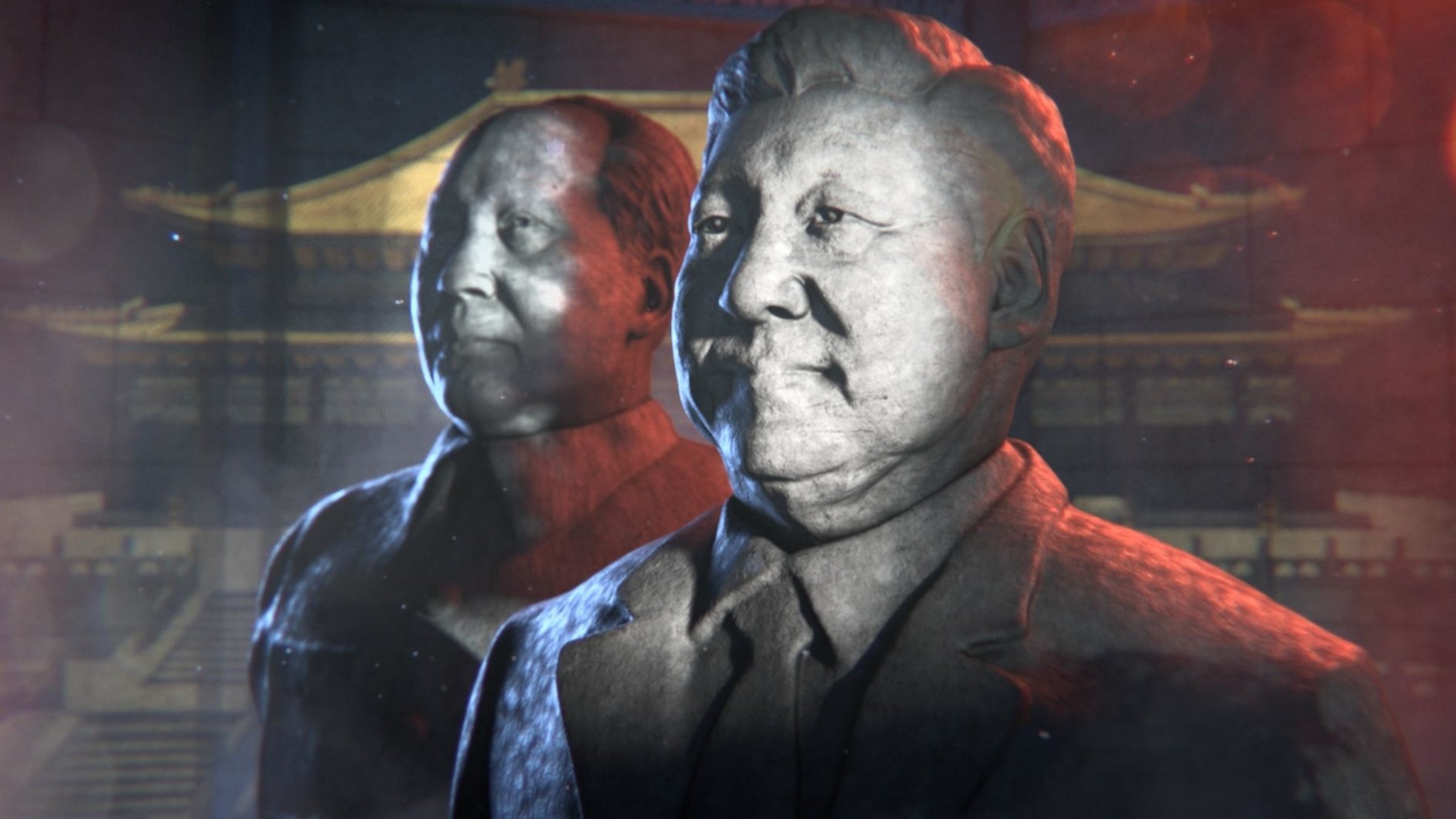 "Terra X History: Rückkehr der Diktatoren? Von Mao zu Xi Jinping": Die grafische Collage zeigt Xi Jinping und Mao als Büsten verfremdet. Im Hintergrund ist ein chinesischer Kaiserpalast in Peking zu sehen.