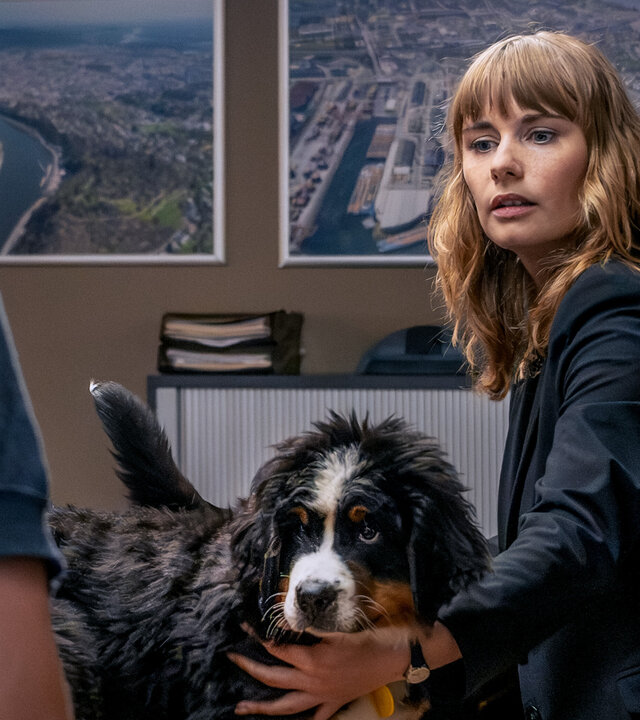 "SOKO Linz - Schlafende Hunde": Auf einem Schreibtisch im Präsidium befinden sich mehrere Hundewelpen. Nele (Anna Hausburg) hält einen von ihnen fest.