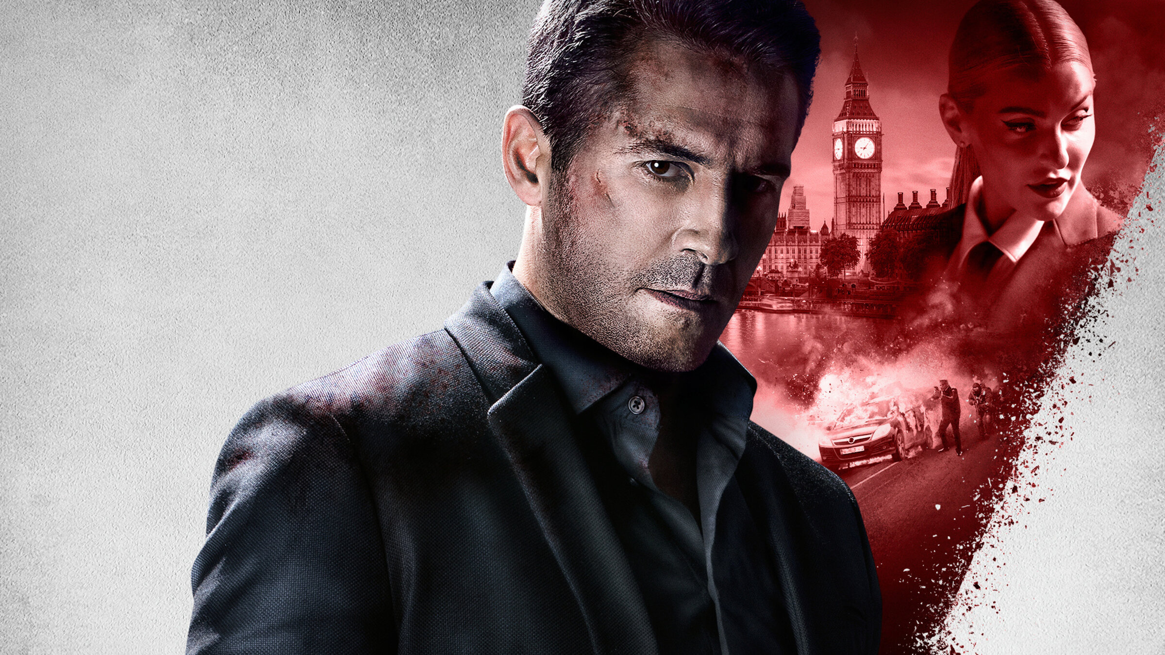 "Lügen sterben nie": Montage: Hinter einer Porträtaufnahme von Martin Baxter (Scott Adkins) ist eine kolorierte Collage mit einem Porträfoto von Tatyana (Anna Butkevych) und der Londoner Skyline mit "Big Ben".