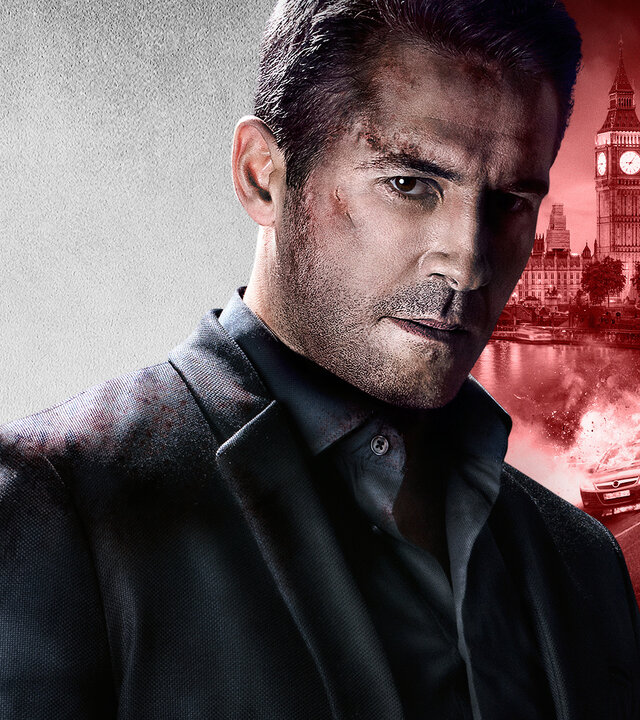 "Lügen sterben nie": Montage: Hinter einer Porträtaufnahme von Martin Baxter (Scott Adkins) ist eine kolorierte Collage mit einem Porträfoto von Tatyana (Anna Butkevych) und der Londoner Skyline mit "Big Ben".