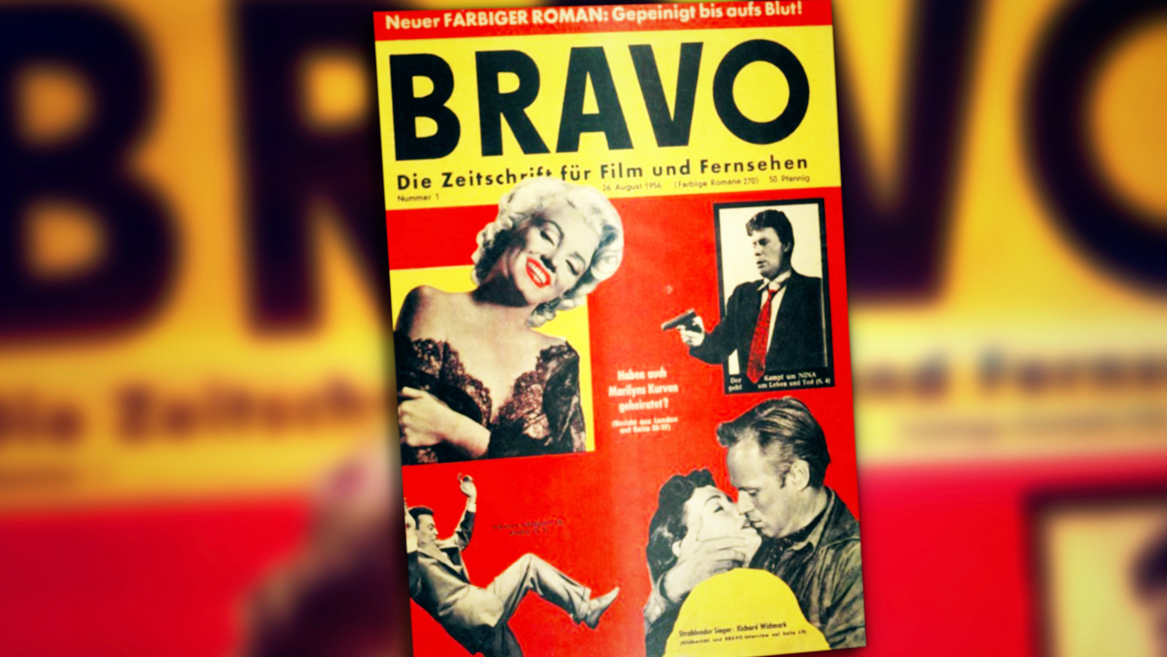 "ZDFzeit: 65 Jahre "Bravo" - Liebe, Stars und Dr. Sommer": Vor einer verschwommenen schwarzen Schrift im Hintergrund sieht man ein schwarz-gelb-rotes Titelblatt mit "Bravo-Schrift" und vier Filmstars, darunter Marilyn Monroe.