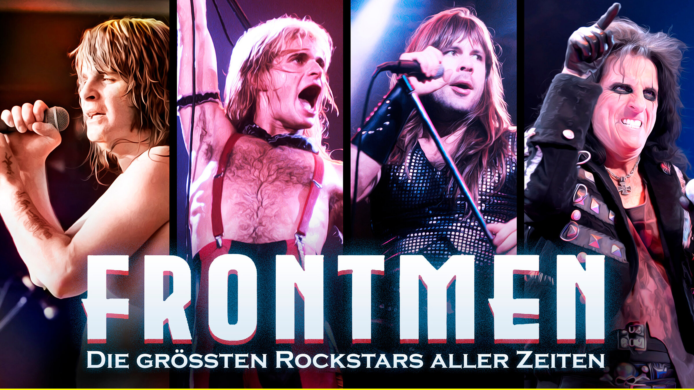 "Frontmen - Die größten Rockstars aller Zeiten": Keyvisual. Ozzy Osbourne (Black Sabbath), Bruce Dickinson (Iron Maiden), David Lee Roth (Van Halen) und Alice Cooper