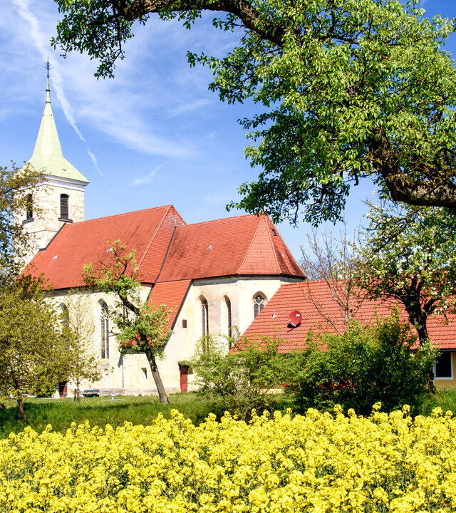"Katholischer Gottesdienst - Unterwegs als Hörende": Die Filialkirche im oberösterreichischen Weigersdorf liegt idyllisch im Grünen. Im Vordergrund blüht leuchtend gelb der Raps, dahinter befindet sich die kleine Kirche aus hellem Stein mit rotem Dach, umgeben von Bäumen. Der eckige Kirchturm ragt in den blauen Himmel.