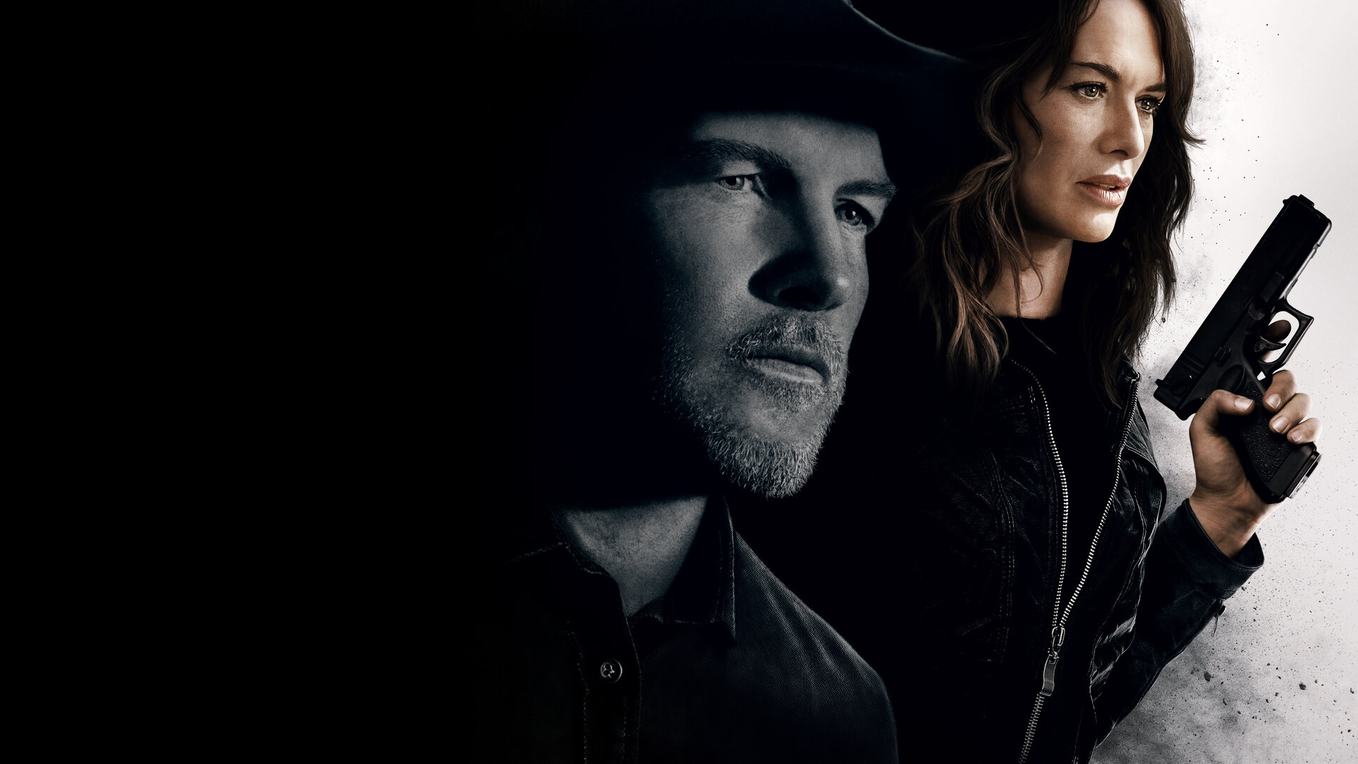 "9 Bullets": Plakatmotiv mit Nahaufnahmen von Jack (Sam Worthington) in schwarz-weiß und Gypsy (Lena Headey), die eine Pistole gezückt hat.
