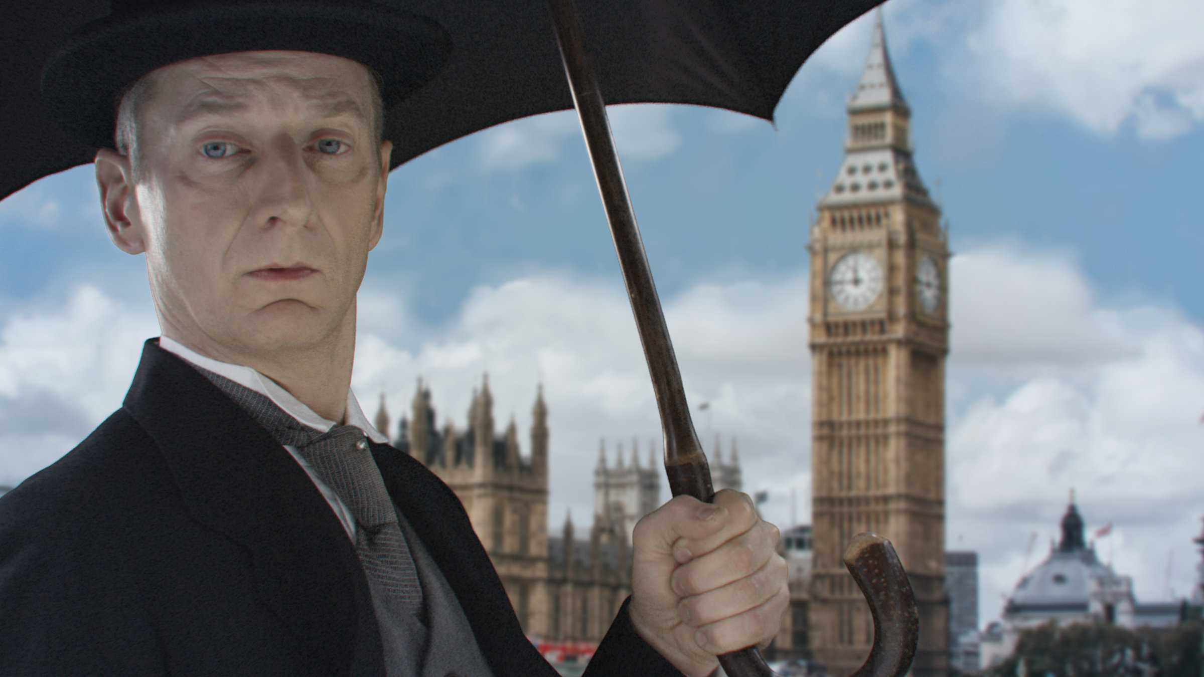 "ZDFzeit - Ziemlich beste Nachbarn - mit Michael Kessler. Wir und die Briten":  Grafisch animiertes Foto, das Michael Kessler mit Schirm, Cut und Melone vor Big Ben zeigt.