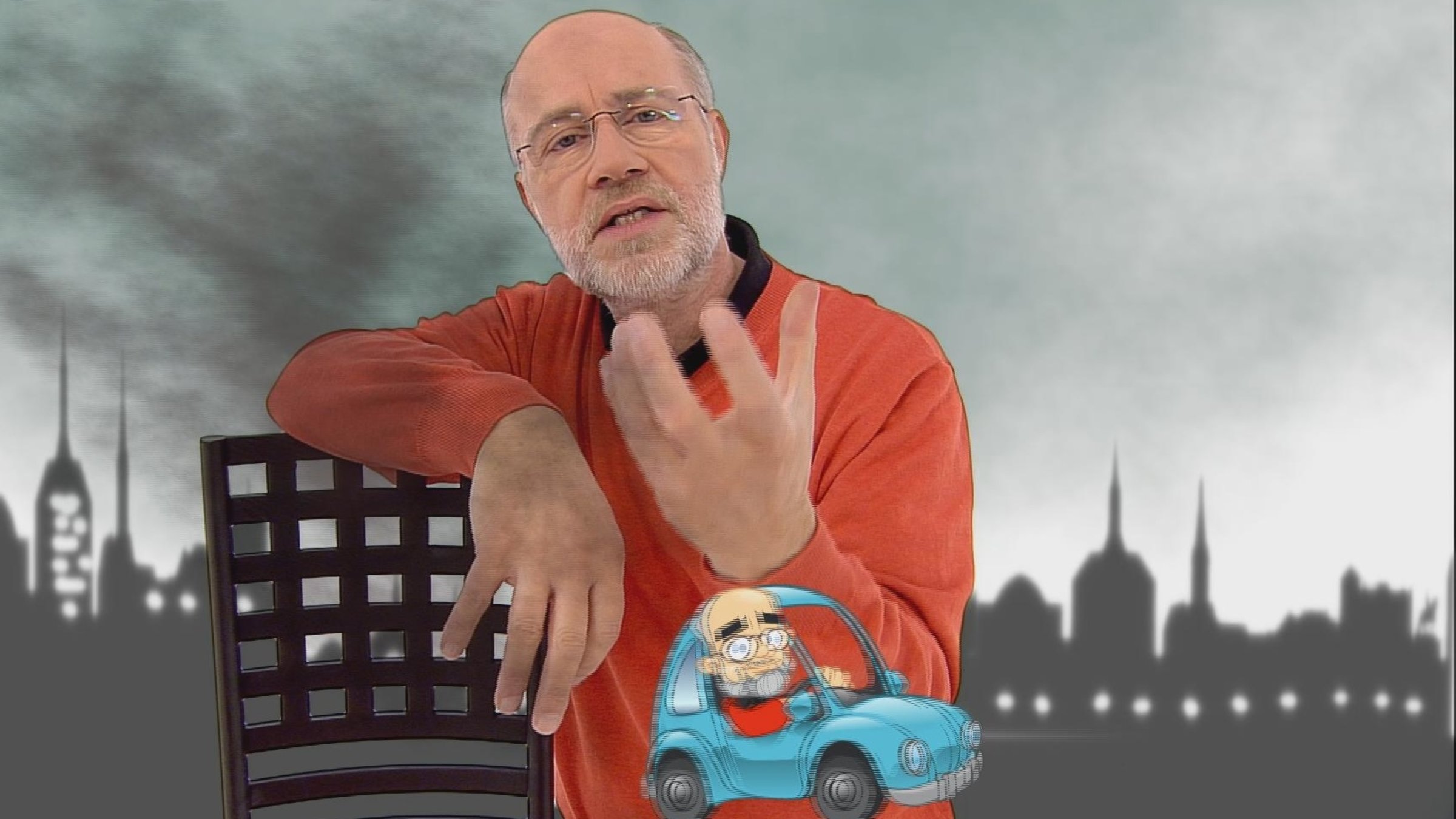 "Frag den Lesch: Elektrosmog ist überall": Harald Lesch steht vor einem Bildhintergrund, auf dem eine Stadt abgebildet ist, über der offensichtlich Elektrosmog wabert.