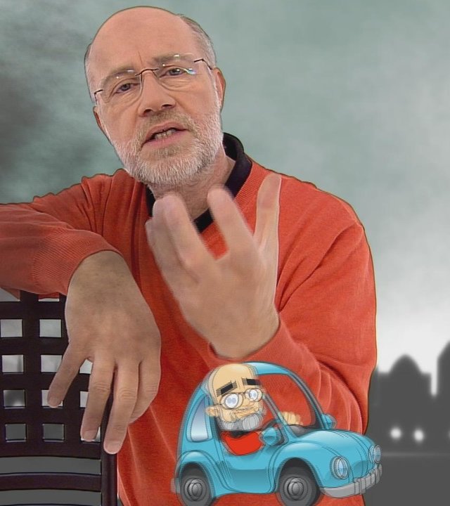 "Frag den Lesch: Elektrosmog ist überall": Harald Lesch steht vor einem Bildhintergrund, auf dem eine Stadt abgebildet ist, über der offensichtlich Elektrosmog wabert.