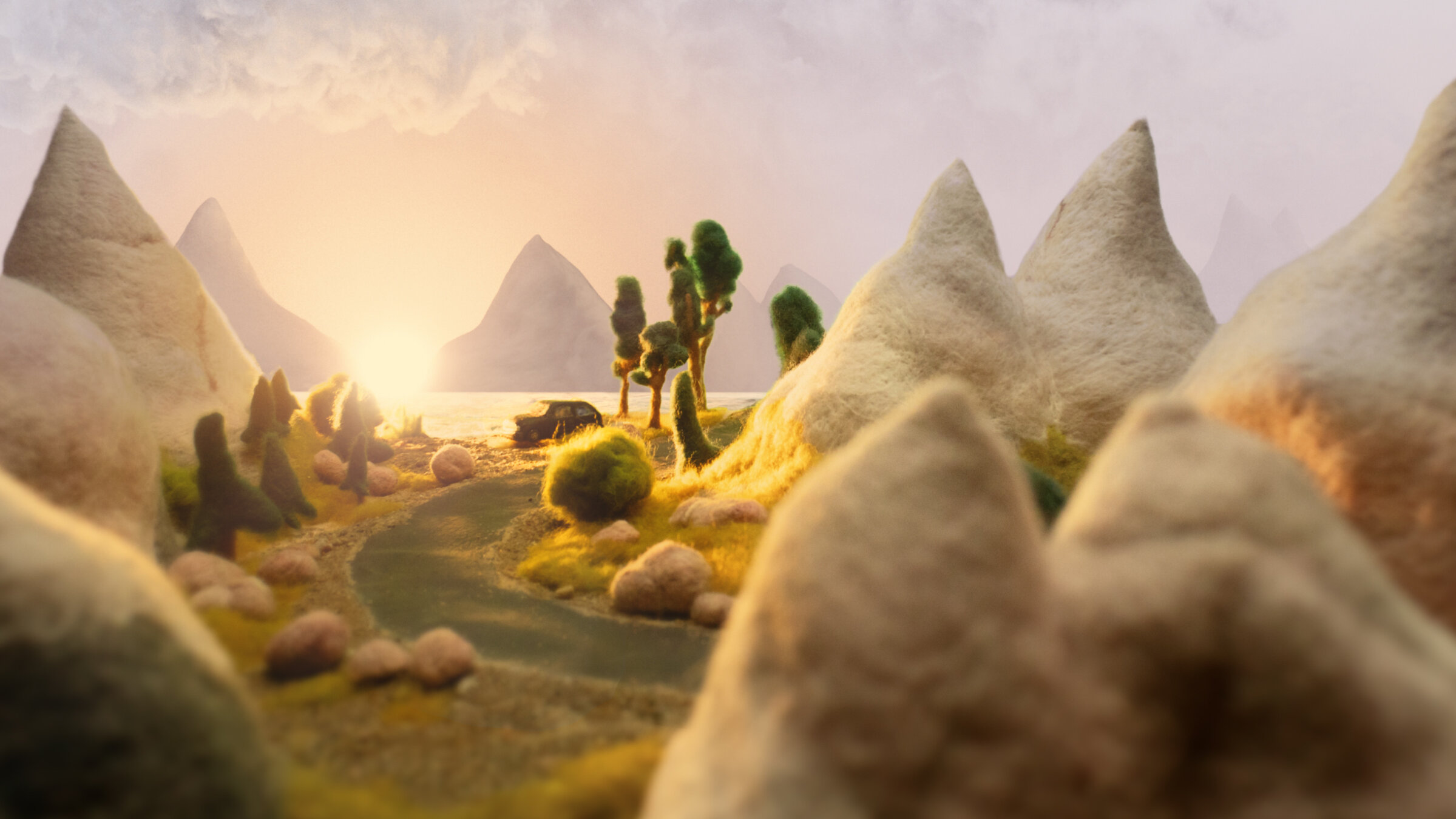 "DocuMe - Mama Micra": Animation einer Landschaft mit Straße und Hügeln.