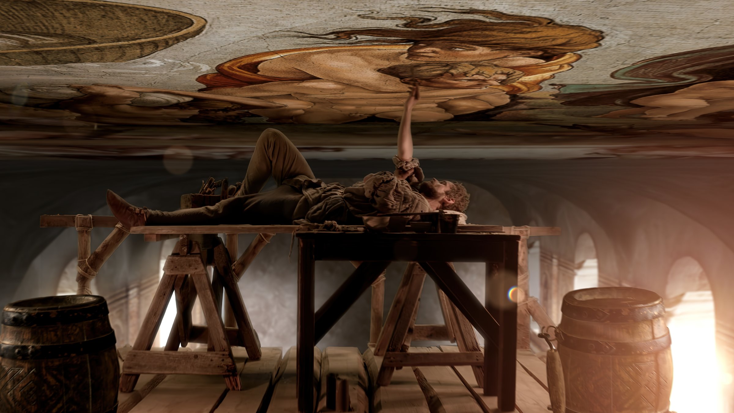 "Terra X: Giganten der Kunst - Michelangelo": Spielszene: Michelangelo (Jochen Paletschek) liegt auf einem Holzgestell und malt das Deckenfresko in der Sixtinischen Kapelle.