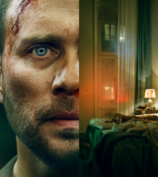 "Kommissar Beck: Inferno": Montage. Die linke Gesichtshälfte von Josef Eriksson (Martin Wallström) in Nahaufnahme mit einer Verletzung an der Stirn, daneben ein Hotelzimmer  mit einem Bett auf dem eine Frau liegt, die mit Handschellen ans Bett gefesselt ist.