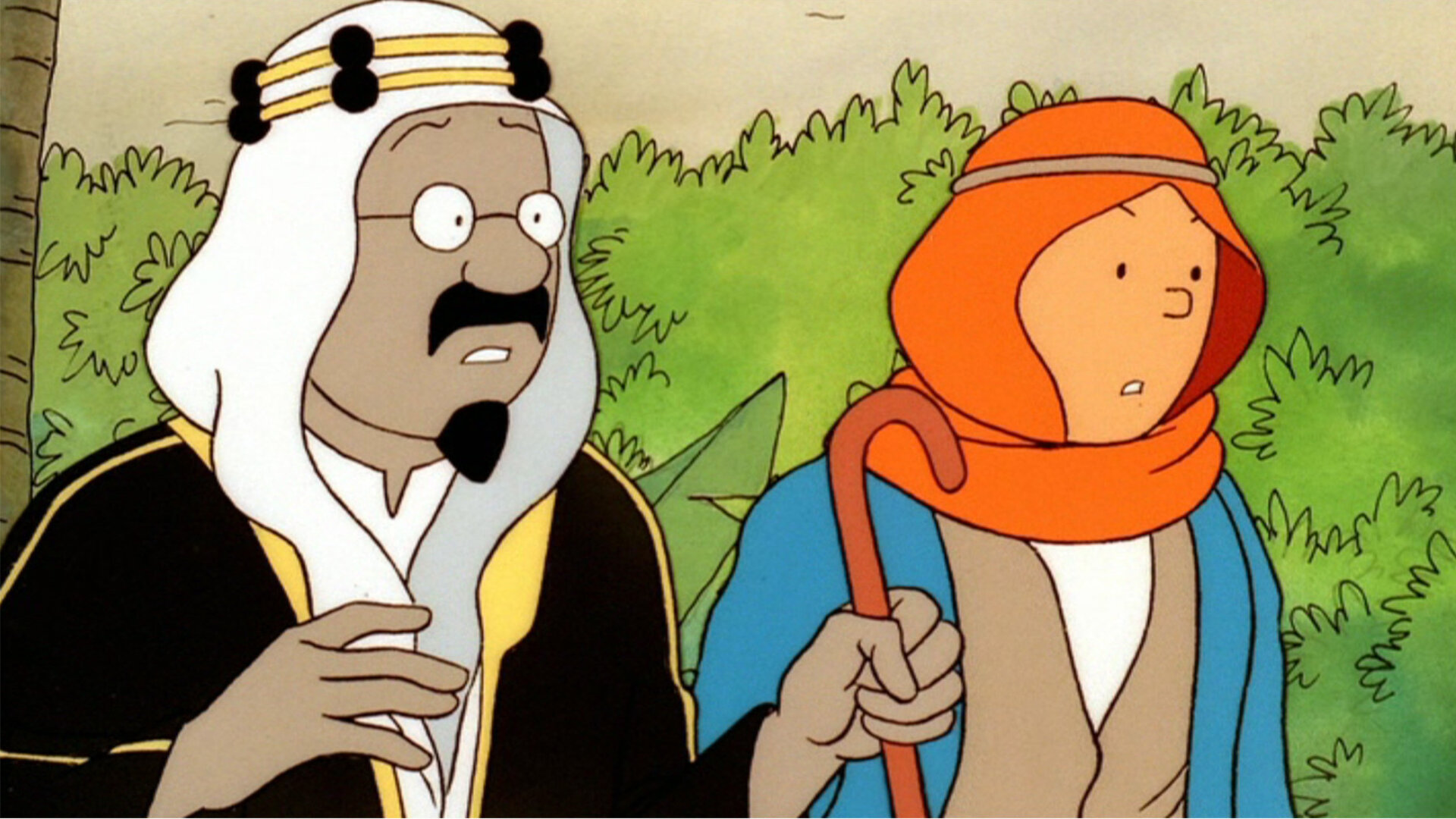 "Tim und Struppi - Im Reich des schwarzen Goldes (2)": Tim und der Emir stehen nebeneinander und blicken mit weit aufgerissenen Augen in dieselbe Richtung.