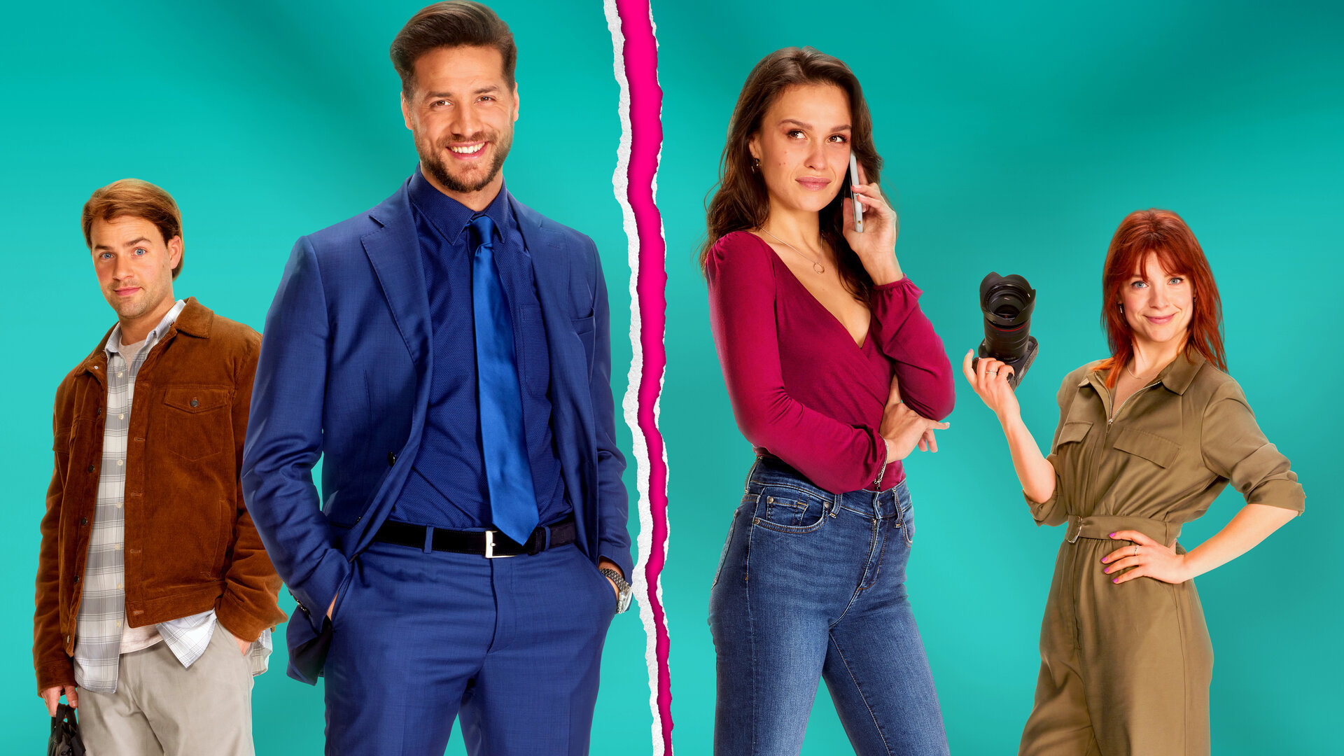 "The Break-Up Club": Filmplakat: Mick (Oscar Aerts), Dylan (Juvat Westendorp), Zoë (Holly Mae Brook) und Lana (Sarah Bannier) posieren nebeneinander vor einem türkisgrünen Hintergrund. Zwischen Dylan und Zoë, die in der Mitte stehen, geht ein Riss durchs Bild, der einen pinken Untergrund andeutet.