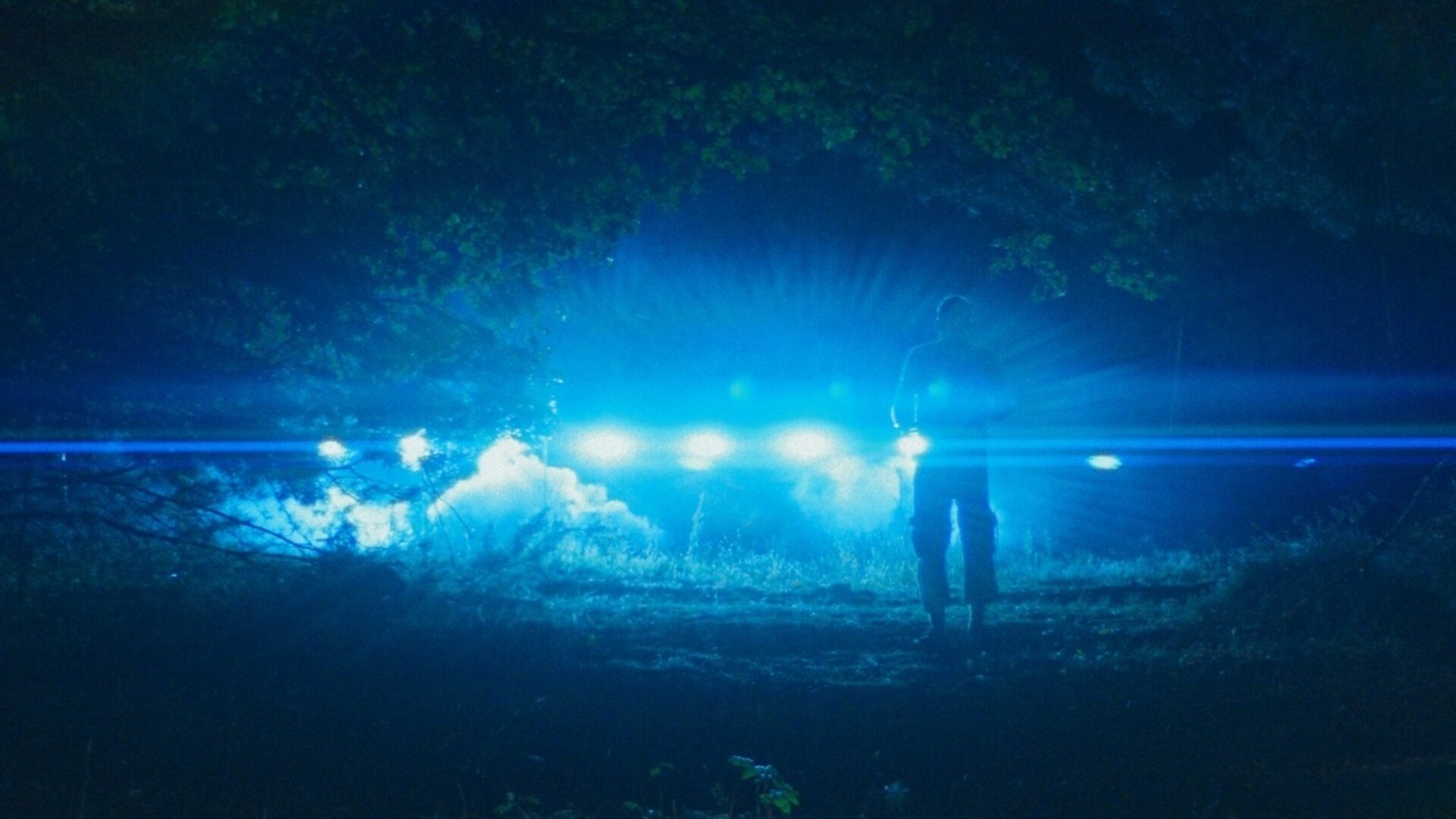 "Doppelhaushälfte – Ufo": Andi (Milan Peschel) steht in der Dunkelheit im Wald als Silhouette vor einer Reihe heller, blauer Lichter, die den Boden ausleuchten.