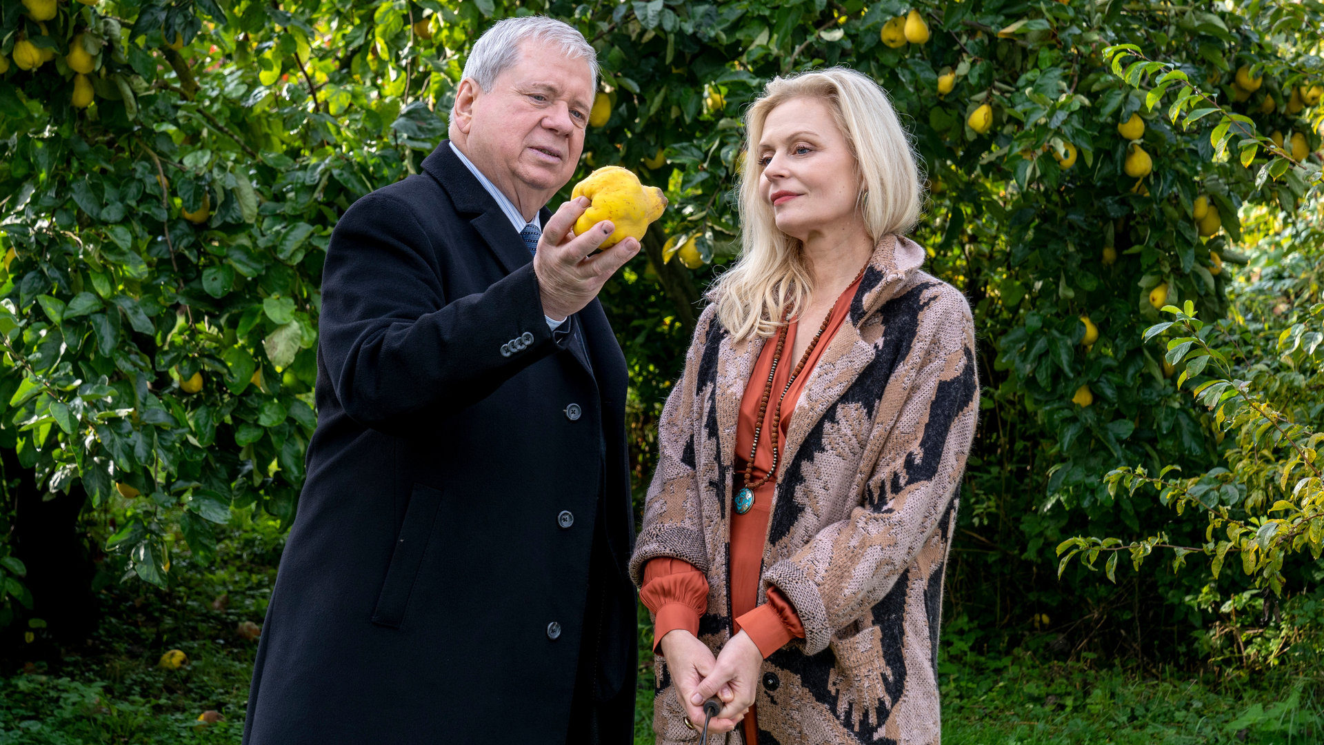 "Der Staatsanwalt - Schuld und Gewissen": Oberstaatsanwalt Bernd Reuther (Rainer Hunold) spricht auf einer Wiese stehend mit Lia Graf (Susanna Simon). Reuther hält eine Quitte in seiner rechten Hand. Beide blicken darauf.