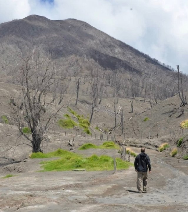 "Im Land der Feuerberge: Zentralamerika": Mann geht durch wüstenartige Landschaft mit toten Bäumen.