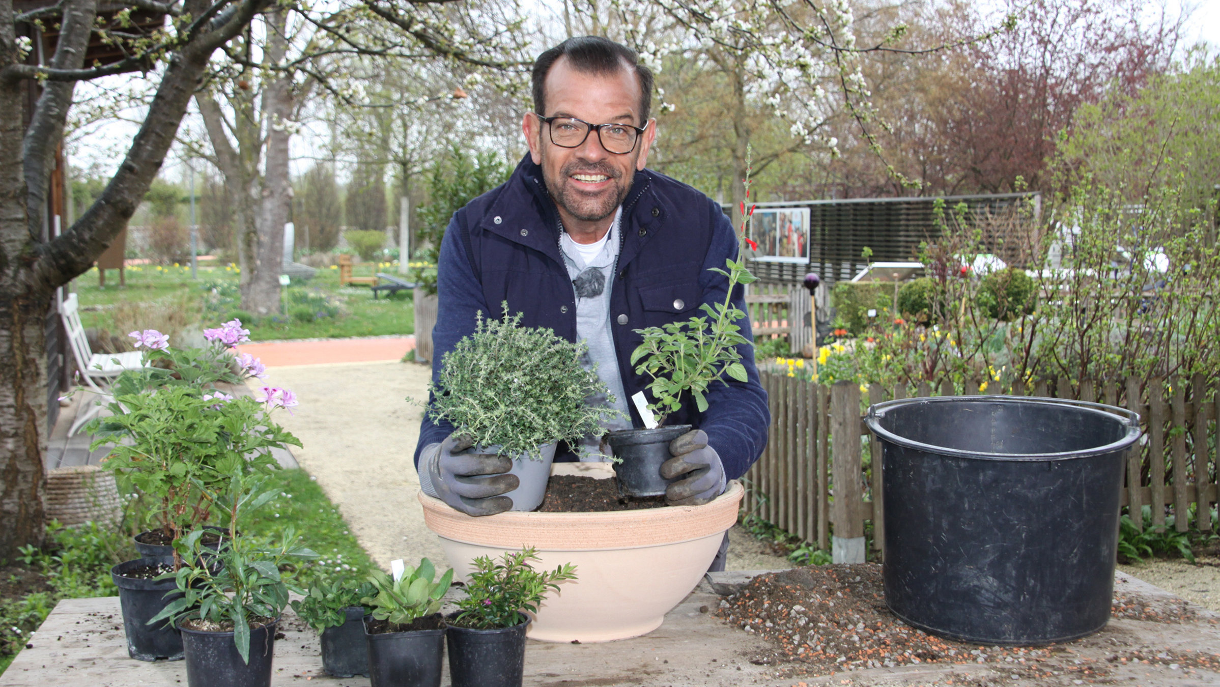 "Natur im Garten": Biogärtner Karl Ploberger steht an einem Tisch mit Topfpflanzen.