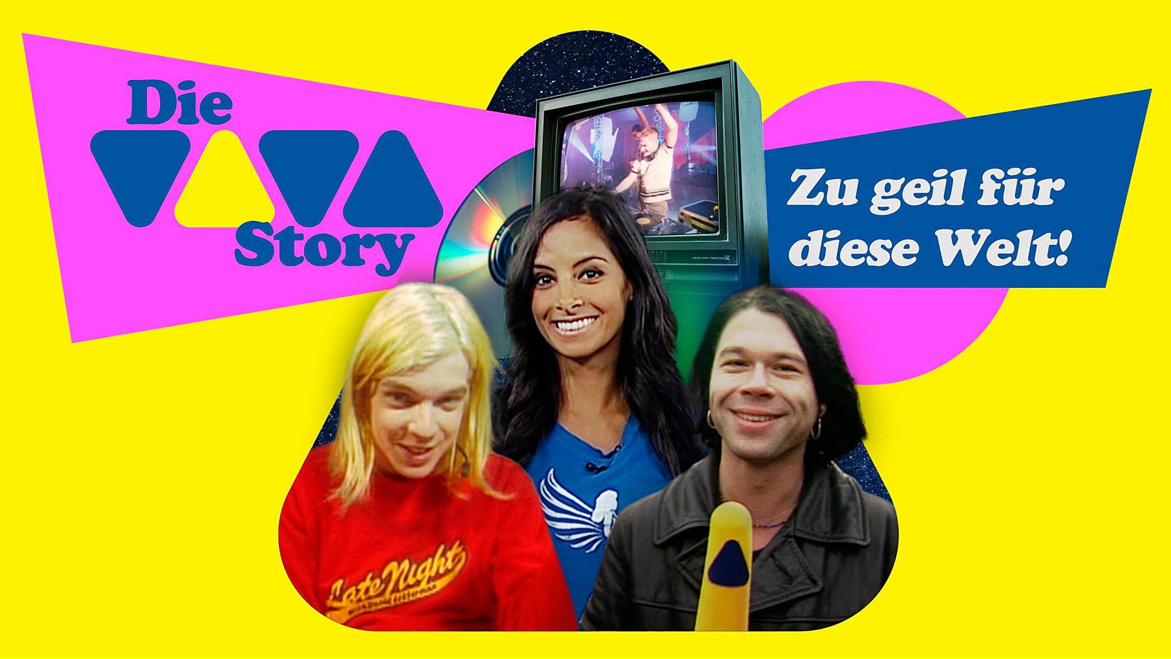 "Die VIVA-Story - Zu geil für diese Welt! (1 bis 3)": Die ehemaligen VIVA-Moderatoren (v.l.) Nilz Bokelberg, Collien Ulmen-Fernandes und Markus Kavka. Sie führen als Hosts durch je eine Folge.