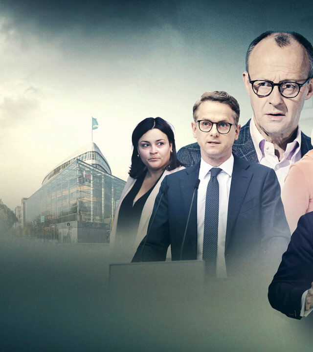"Inside CDU - Wahlkampf, Krisen, Kanzleramt": Die Collage zeigt von (l.) nach (r.) Catarina dos Santos, Carsten Linnemann, Friedrich Merz, Christiane Schenderlein und Philipp Amthor.