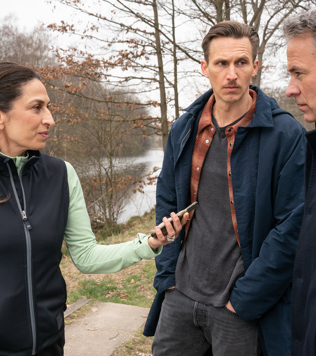 "SOKO Leipzig - Schlag für Schlag": Ariana Hock (Jale Arikan) steht neben Moritz Brenner (Johannes Hendrik Langer) und Jan Maybach (Marco Girnth) gegenüber. Sie hält ein Mobiltelefon in der Hand und schaut Jan dabei an.