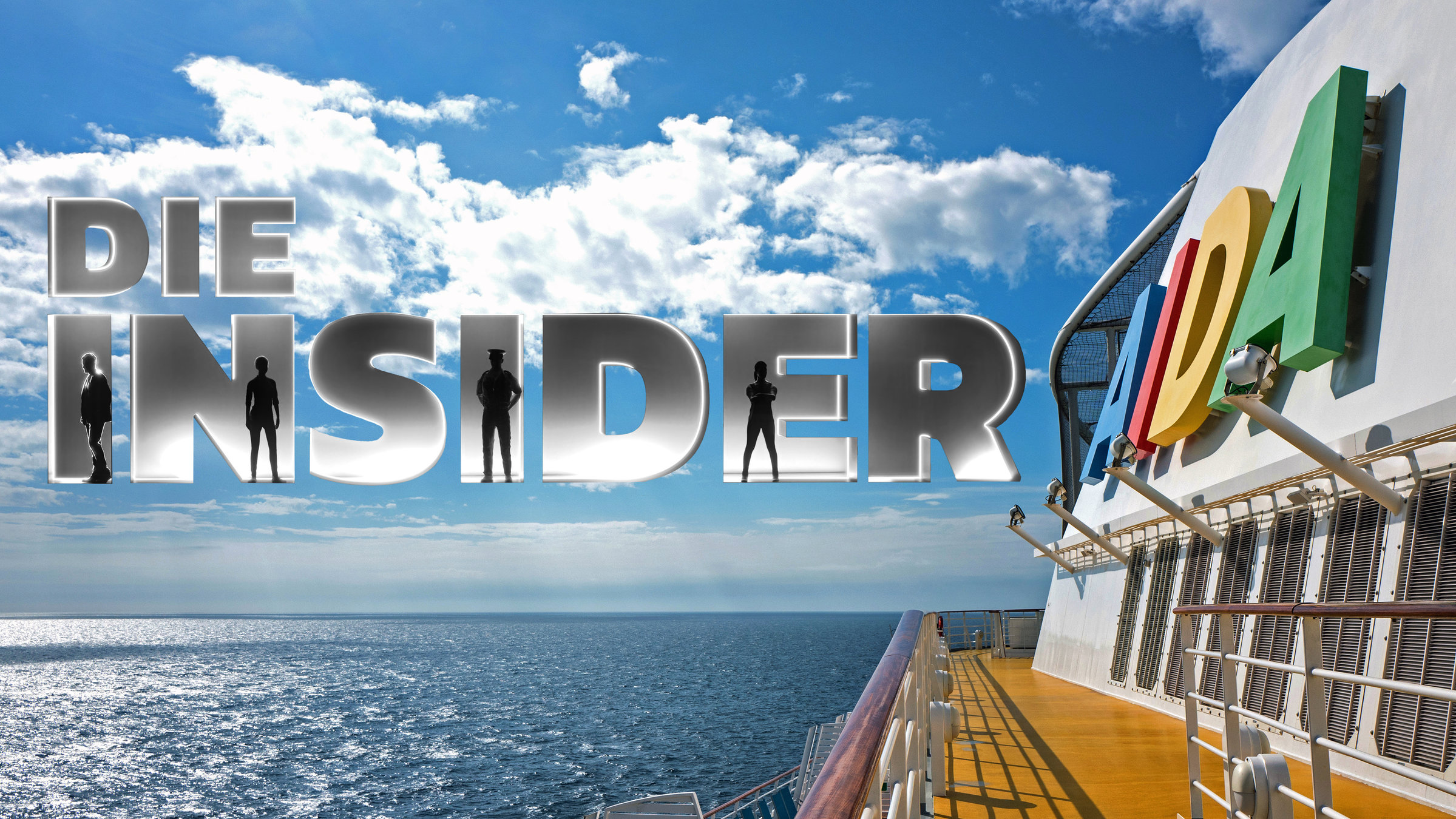 "AIDA: Die Insider": Fotomontage: Ein Kreuzfahrtschiff im Anschnitt befindet sich auf dem Ozean. Über dem Himmel liegt die Titelgrafik "Die Insider".
