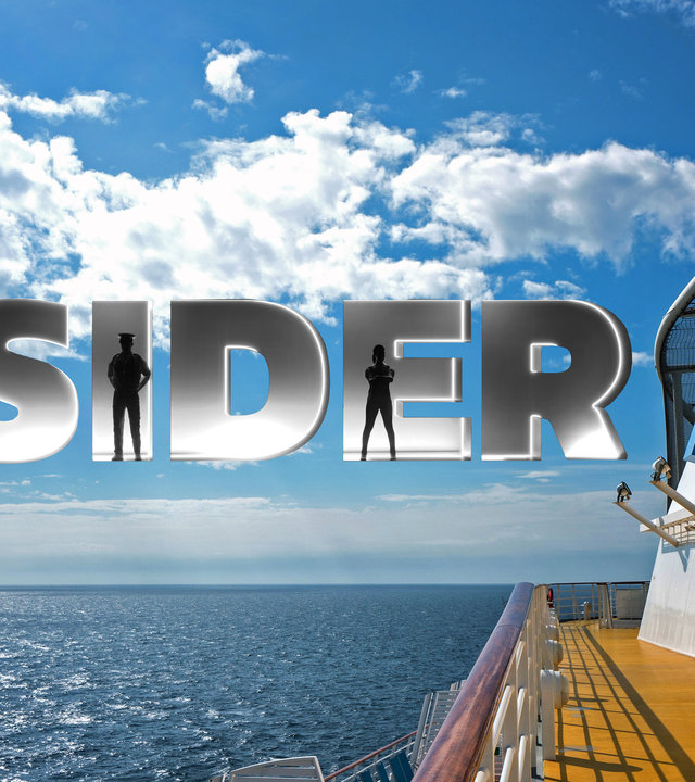 "AIDA: Die Insider": Fotomontage: Ein Kreuzfahrtschiff im Anschnitt befindet sich auf dem Ozean. Über dem Himmel liegt die Titelgrafik "Die Insider".
