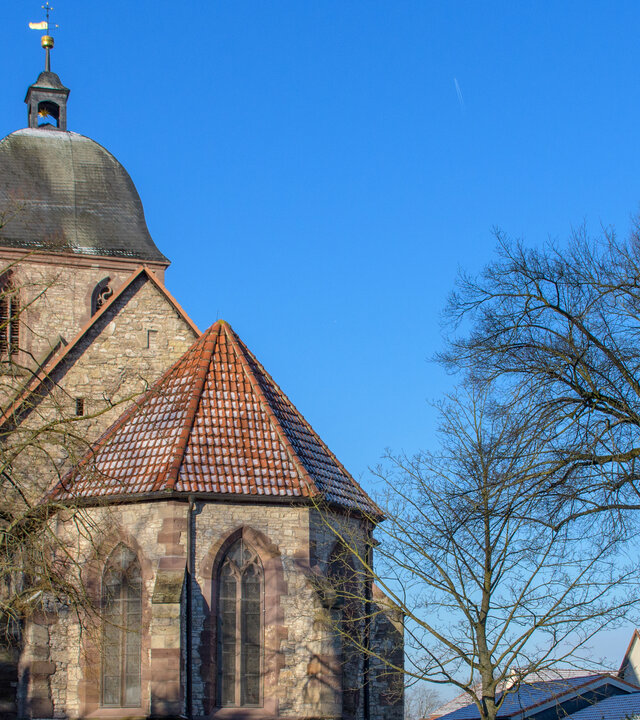"Evangelischer Gottesdienst - Sieben Wochen ohne": Die Rückseite der steinernen St.-Albani-Kirche in Göttingen steht vor strahlend blauem Himmel. An den Seiten der Kirche stehen winterlich kahle Bäume, im Hintergrund befinden sich ein paar Wohnhäuser.