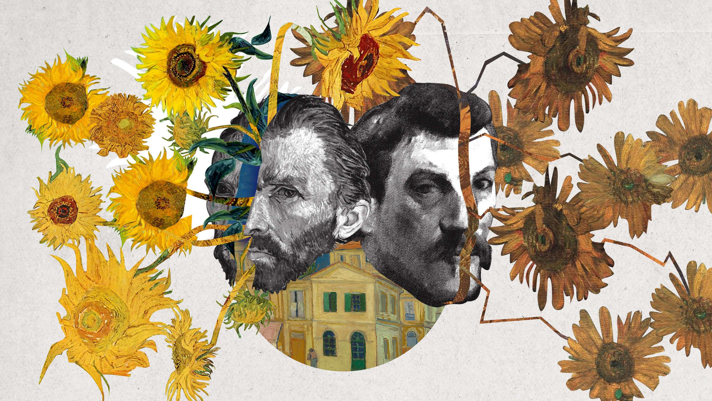 "Künstlerduelle: Van Gogh vs. Gauguin": In der Mitte der Grafik sind die Köpfe Van Goghs (links) und Gauguins (rechts). Dahinter der Ausschnitt eines Gemäldes mit einem Haus. Dem Kopf van Goghs entwachsen gelbe, dem Kopf Gauguin bräunliche Sonnenblumen.